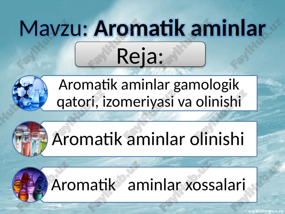 ux va ishqor ta'sirida qaytarib olish mumkin: gidrazobenzol qaytarilsa anilin hosil bo`ladi: kislotali muhitda esa gidrazobenzol benzidin (n,n'-diaminodifenil)ga aylanadi: aim.uz agar ushbu molekulaning birorta yadrosi n-holatda o`rinbosar tutsa, u holda semidin hosil bo`ladi: aminlarning xossalari. anilin o`z xossalari bo`yicha alifatik aminlardan farq qiladi. u kuchsiz asos bo`lib, kuchsiz kislotalar bilan tuz hosil qilmaydi. ammo kuchli kislotalar bilan tuz beradi. buning sababi azot atomining bir juft elektronlari aromatik yadroning p -elektronlari bilan ta'sirlashib qolishidadir. demak, azot atomining p elektronlari va aromatik halqaning p -elektronlar buluti bilan o`zaro ta'sirlashadi. aim.uz anilin juda oson galoidlanadi. ya'ni nh2 guruh reaksiya borishini osonlashtiradi: lekin anilinni sul'folash yuqori haroratda olib boriladi. bunga sabab, reaksiyaning birinchi bosqichida aminogruppa sul'folanadi: aim.uz anilinni nitrolash uchun avval uni atsillanadi, so`ngra nitrolanib, hosil bo`lgan mahsulot gidrolizlansa, o- va p-nitroanilin hosil bo`ladi: aromatik aminlarni kislota xlorangidridlari yoki angidridlari bilan atsillash mumkin. hosil bo`l-gan moddalar anilidlar deb ataladi: aim.uz aromatik aminlarning aromatik al'degidlar …