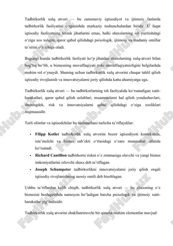 i yig‘ish va tahlil qilish, · variantlarni baholash, · risklarni hisoblash, · tez va samarali qarorlar qabul qilishni o‘z ichiga oladi. tadbirkorning qaror qabul qilish uslubi uning shaxsiyati, tajribasi, bilimlari va madaniy muhitiga bog‘liq. riskni boshqarish tadbirkorlikning asosiy xususiyatlaridan biri — riskga tayyorlik va uni boshqarish qobiliyatidir. tadbirkor: · bozor noaniqliklarini, · moliyaviy xavflarni, · raqobatchilar tahdidlarini va · ichki tashkiliy muammolarni hisobga olib qaror qabul qiladi. riskni boshqarish usullari tadbirkorning xulq atvoriga sezilarli ta’sir ko‘rsatadi. innovatsiyalarni qabul qilish yangi g‘oyalar va texnologiyalarni joriy qilish tadbirkorning innovatsion xulq atvorining asosiy qismi hisoblanadi. bu: · bozor talablariga moslashish, · raqobatbardoshlikni oshirish, · biznesni modernizatsiya qilishga yordam beradi. . ijtimoiy munosabatlar tadbirkorlik xulq atvori shuningdek, jamoatchilik, hamkorlar, mijozlar va xodimlar bilan munosabatlarni o‘z ichiga oladi. ularning o‘zaro ta’siri, ishonch va hamkorlik biznes muvaffaqiyatining kalitidir. . tadbirkorlik xulq atvorining shakllanish omillari tadbirkorlik xulq atvori individual shaxsning o‘ziga xos xususiyatlari bilan bir qatorda, tashqi …