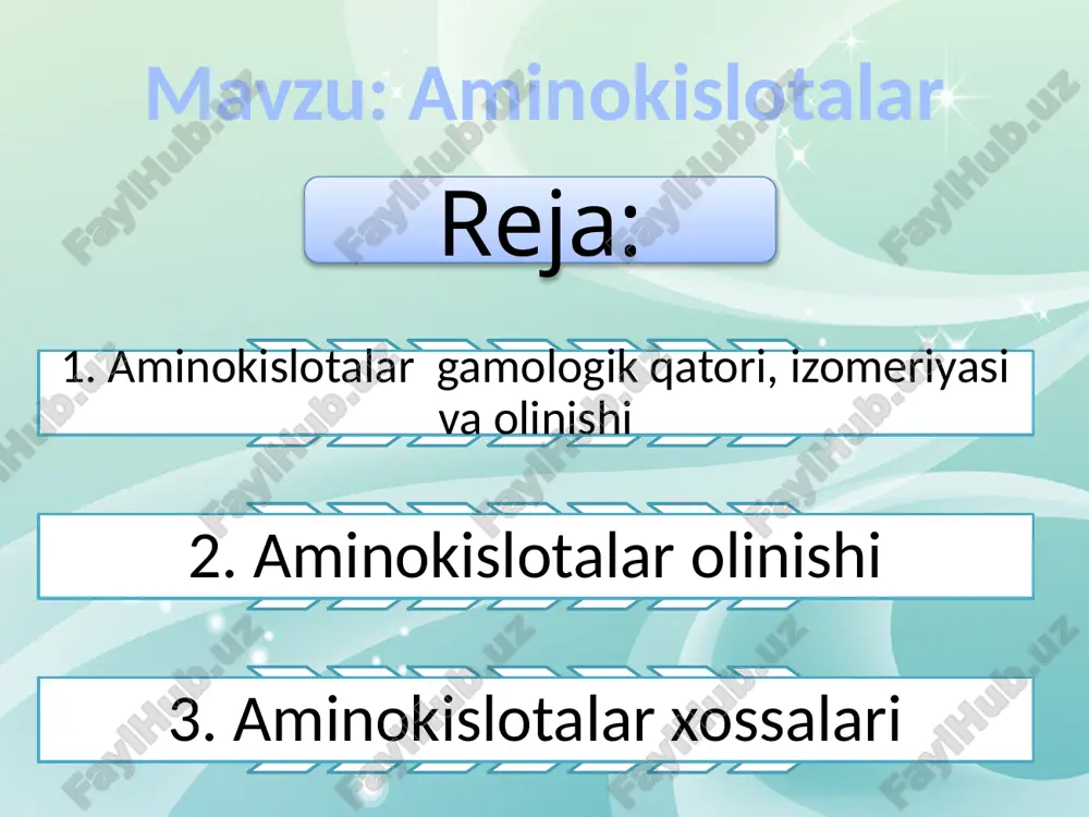 ar -to`yinmagan kislotalar va  -aminokislotalar esa laktamlar hosil qiladi: aim.uz  - aminokislotalar qizdirilganda ochiq zanjirli oligopeptidlar yoki polipeptidlar hosil bo`lishi mumkin. umuman, aminokislotalar amfoter birikmalar bo`lib, asoslar bilan ham, kislotalar bilan ham reaksiyaga kirishib tuzlar hosil qiladi. ular aminoguruh hisobiga va karboksil guruh hisobiga alohida reaksiyalarga kirishadi. m-n, nitrit kislota ta'sirida  -aminokislotalar diazobirikmalarga aylanadi. odatda bu reak-siyada aminokislota efiridan foydalaniladi: aim.uz aminokislotalar oqir metallarning ionlari bilan kompleks birikmalar hosil qiladi. m-n: suvda eruvchan komplekslar hosil qiluvchi aminokislotalar kompleksonlar deb ataladi. eng muhim kompleksonlardan biri etilendia-mintetrasirka kislota (trilonb) dir: aim.uz oqsillar ham amfoter xossaga ega bo`lib birlamchi, ikkilamchi va uchlamchi tuzilishga egadir. oqsillarning polipeptid molekulasidagi  -aminokislota qoldiqlarining ketma-ketligi ularning birlamchi strukturasi deyiladi. oqsillarning ichki ( -) va molekulalararo (π -) vodorod boqlari hosil bo`lishi tufayli spiralsimon tuzilishi ularning ikkilamchi strukturasi deb ataladi. silindrsimon -spirallarning fazoda turlicha joylashishi va makromolekula turli qismlarida s-s disul'fid ko`priklarini hosil qilishiga oqsillarning …