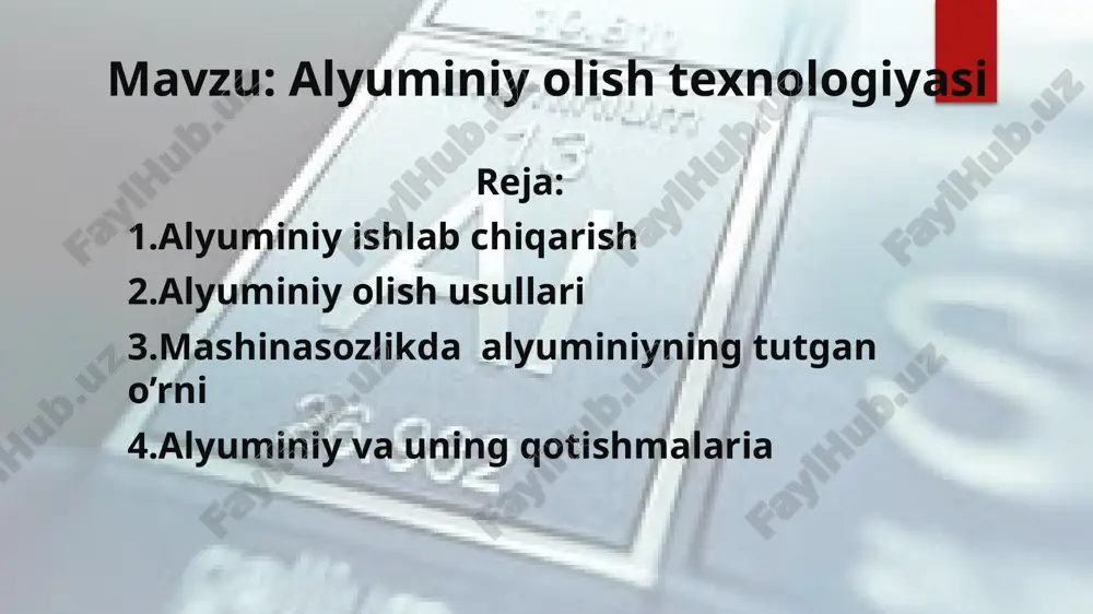 doshligini e`tiborga olib undan apparatlarning detallari, nitrat kislota solinadigan idish tayyorlanadi. turmushda turli idishlar yasaladi. metallurgiyada al ishlatiladigan eng muhim tarmoqlaridan biri u yordamida metallarni oksidlardan olishdir. al termiyani rus ximigi beketov kashf qilgan. alyuminy olishda xitoy yetakchi o’rinlarda turadi. bular alyuminiy zavodidan olingan maxsulotlar alyuminiyning duralyumin, sulyumin kabi quyma qotishmalari xozirgi paytda keng qullaniladi alyuminiy tarkibida uning gidrooksidlari hamda 12% glinazem bo’lgan rudalardan olinadi. bunday tog’ jinslarini 250dan ortiq turi mavjud bo’lib, eng asosiylari boksitla, nefelinlar, alunitlar, appatitlar va kaolinlar hisoblanadi. shartli ravishda alyuminiy ishlab chiqarish jarayonini glinozemni (al2o3) ajratish, xomaki alyuminiy olish va rafinirlash(tozalash) bosqichlaridan iborat deb qarash mumkin. birinchi bosqichda, ya’ni al2o3 ni ajratishda quyidagi uslublar qo’llaniladi: 1.ishqorli uslub tarkibida al2o3 nisbatan ozroq, fe2o3 ko’proq bo’lgan rudalarda, masalan, boksitlarda (40-60 % al2o3; 16-35 fe2o3; 3-13 % sio2; 2-4 % tio2; 1-3 % cao; 10-18 % h2o) qo’llaniladi. bu uslub al2o3 ni ishqorga [al(oh)3] aylantirishga asoslangan bo’lib, bu …