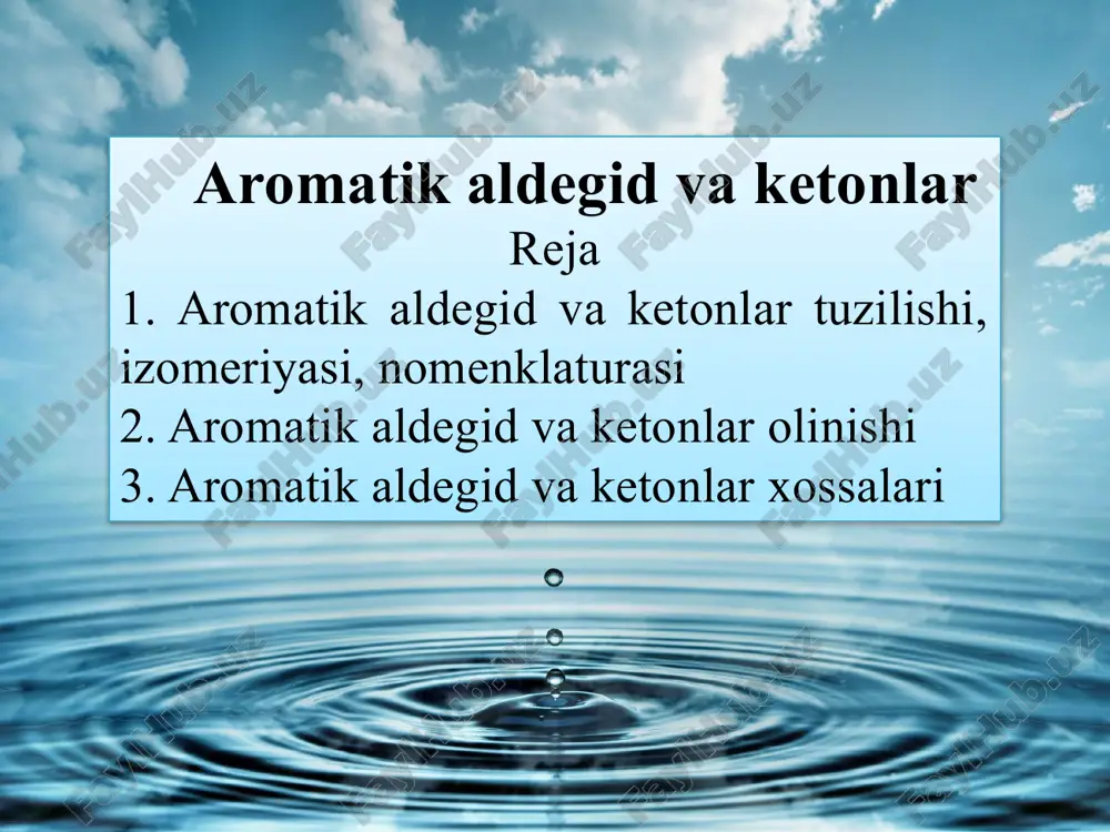 aromatik ketonlar. ketonlar molekulasida karbonil s=o guruhi ikkita radikalga bo qlangan bo`lib, ulardan bittasi albatta aromatik qoldiq (radikal) bo`lishi kerak: s o ch 3 s o atsetofenon benzofenon bu xildagi ketonlar asosan aromatik uglevodorodlarni fridel' -krafts usulida kislota xlorangidridlari bilan alcl 3 ishtirokida atsillab olinadi: s o ch 3 s o + sl-c=o ch 3 alcl 3 +hcl s o cl alcl 3 +hcl + /docprops/thumbnail.jpeg