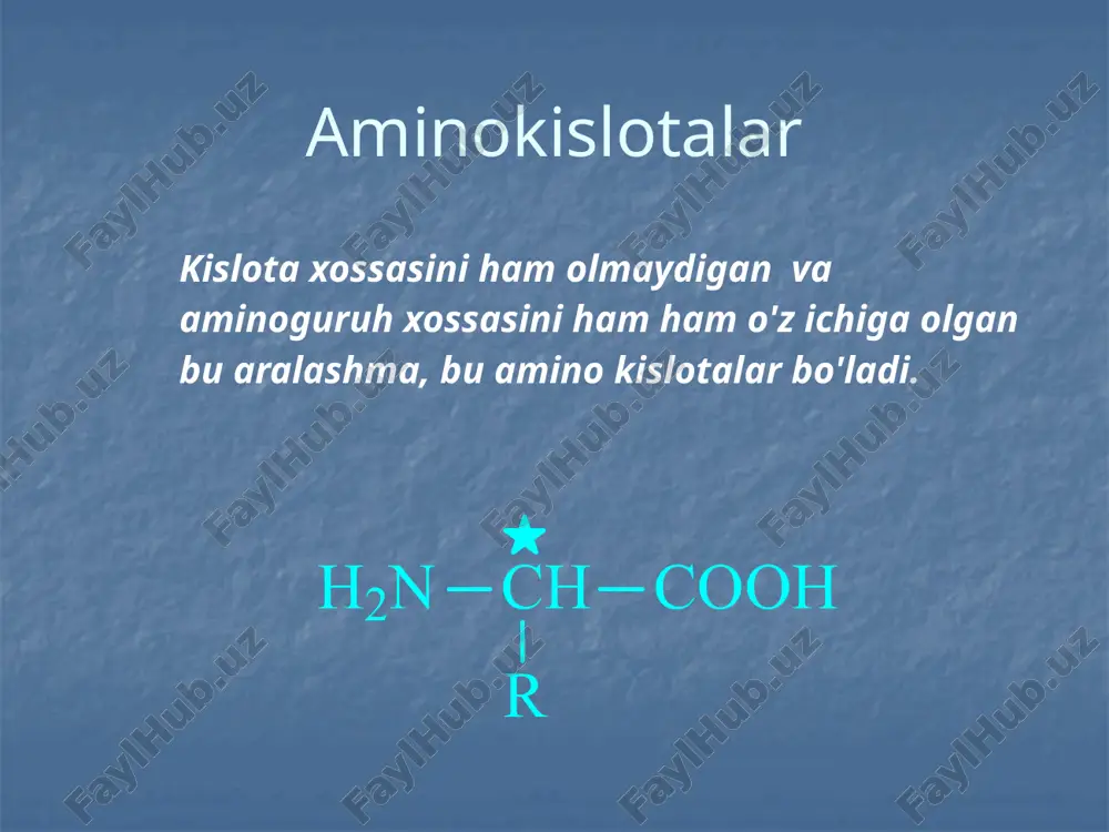 arda a-uglerod atomida joylashganligidan, a-aminokislotalar qatorini tashkil qiladilar. peptidlar va, umuman oqsil molekulalarining aminokislota tarkibi yozilganda, ularning nomi boshlangʻich uch harfdan tuzilgan qisqartmalaridan foydaniladi. masalan: alanin — ala, fenilalanin — fen. aminokilotalarning olinish usullari aminlangan - galogen birikmalardan aminokislotalarning olinish usullari malon kislotaning bromlanishi natijasida. aminokislotalarning olinish usullari shtekker – zelinskiy sintezi. aminokislotalarning olinish usullari n tutgan aminomalon efirlarning alkillanishi  - galogen tutgan efirlarning aminlanishikaliy ftalamid yordamida) aminokislotalarning olinish usullari aminokislotalarning biologik olinish xossalari. korm s dobavkoy ratsemicheskoy smesi a-aminokislot otxodi s opticheski aktivnim izomerom a-aminokisloti ochistka opticheski chistiy izomer a-aminokisloti aminokislotalarning kimyoviy xossasi aminoguruh reaksiyasi van – slayk metodi aminokislotalarning kimyoviy xossasi aminoguruh reaksiyasi aminokislotalarning kimyoviy xossasi karboksil guruh reaksiyalari aminokislotalarning kimyoviy xossasi karboksil guruh reaksiyasi aminokislotalarning kimyoviy xossasi sifat reaksiyasi ksantoprotein reaksiyasi aminokislotalarning kimyoviy xossasi sifat raksiyasi biuret reaksiyasi ( mis (ii) gidroksidi bilancu(oh)2 ) ningidrin reaksiyasi. aminokislotalarning kimyoviy xossasi ,, aminokislotalarning spetsifik reaksiyalari - aminokislota reaksiyalari …