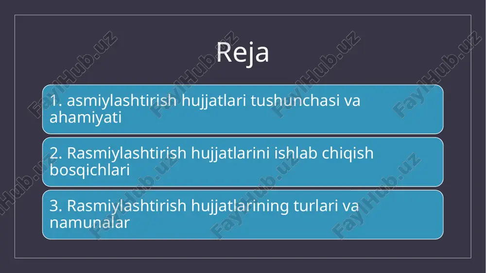 i. hujjatda aks ettirilishi kerak bo‘lgan asosiy ma’lumotlar ro‘yxati shakllantiriladi. masalan, ishga qabul qilish uchun buyruq tayyorlayotganda, rahbariyat buyrug‘ining mazmuni va amal qilish muddati oldindan aniqlanishi lozim. hujjatning tarkibini va mazmunini belgilash keyingi bosqichda hujjatning asosiy bo‘limlari va ularning mazmuni belgilanadi. hujjat quyidagi qismlardan iborat bo‘lishi mumkin: sarlavha (hujjat nomi) kirish qismi (hujjat maqsadi yoki asoslari) asosiy qism (buyruq, qaror, topshiriq, shartnoma shartlari va boshqalar) yakuniy qism (imzo, sana, muhr uchun joy) bu bosqichda hujjatning qaysi standart shaklda tayyorlanishi, qanday tilda yozilishi ham aniq belgilanadi. hujjatni tayyorlash va tasdiqlash hujjat matni ishlab chiqiladi, barcha kerakli ma’lumotlar kiritiladi. hujjat imzolashga tayyorlanadi: tegishli rahbarlar yoki mas’ullar tomonidan ko‘rib chiqiladi. hujjat ustidan rasmiy tasdiqlash jarayoni o‘tkaziladi (imzo, muhr qo‘yish). zarurat tug‘ilganda, hujjatga o‘zgartirishlar kiritiladi va qayta tasdiqlanadi. hujjatlarni saqlash va yangilash tartibi tayyorlangan hujjatlar belgilangan joyda arxivlanadi yoki elektron shaklda saqlanadi. hujjatlarni saqlash muddati, ularni saqlash tartibi va maxfiylik darajasi aniqlanadi. vaqti kelganda …