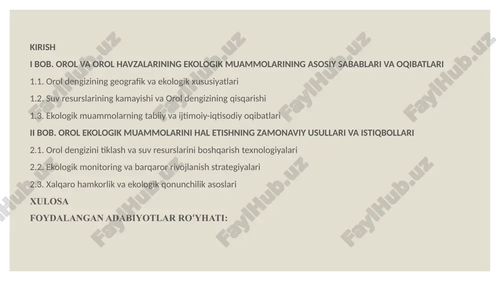 i bo‘lib, bu jarayon dengizning geografik hajmiga va tabiiy holatiga jiddiy ta’sir ko‘rsatdi. suv resurslarining kamayishi asosan amudaryo va sirdaryo daryolaridan keladigan suv hajmining pasayishi bilan bog‘liq bo‘lib, bu ikki daryo orol dengizining asosiy suv manbalaridir. sovet ittifoqi davrida, ayniqsa 1960-yillardan boshlab, markaziy osiyoda qishloq xo‘jaligini rivojlantirish va ayniqsa paxta yetishtirish maqsadida daryolardan suvni sug‘orish uchun keng ko‘lamli kanallar tarmog‘i qurildi. bu suvning katta qismi ekinlarni sug‘orishga yo‘naltirilgani natijasida daryolar orqali dengizga oqib keladigan suv miqdori sezilarli darajada kamaydi. suv resurslarining kamayishi jarayoni bir necha yillar davomida davom etdi va natijada orol dengizining maydoni bosqichma-bosqich torayib bordi. 1960-yillarda dengizning maydoni taxminan 68 ming kvadrat kilometrni tashkil qilgan bo‘lsa, bugungi kunda bu ko‘rsatkich deyarli to‘rt barobar kamayib, qariyb 17 ming kvadrat kilometrga tushib qoldi. dengizning qisqarishi uning chuqurligining ham pasayishiga olib keldi. bu esa, o‘z navbatida, suvda yashovchi organizmlarning yashash muhiti buzilishi va tabiiy muvozanatning yo‘qolishiga sabab bo‘ldi dengizning qisqarishi, shuningdek, …