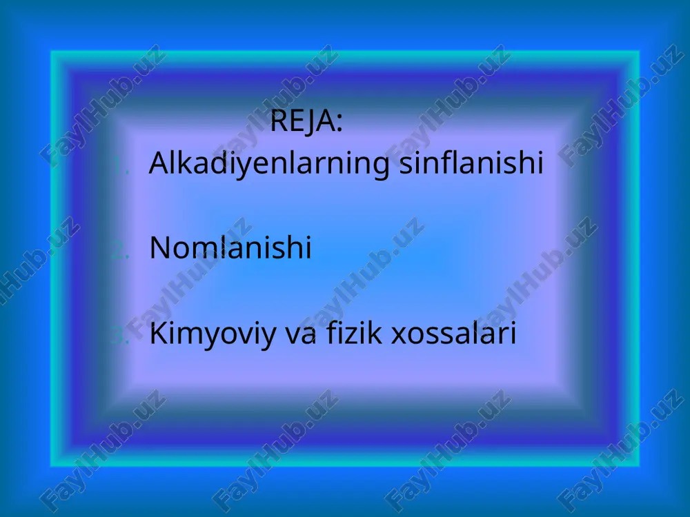 on krotil spirt sn3 – sn = sn – sn2on  sn2 = sn – sn = sn2 + n2o divinilni asetilendan ham olishi mumkin. buning uchun asetilenga avvalo simob tuzi katalizatorligida suv biriktiriladi. bu reaksiya kucherov reaksiyasi deyiladi: sn  sn + n2o  sn3 – sn = o asetilen sirka aldegid hosil bo`lgan sirka aldegid o`yuvchi ishqor ishtirokida aldol kondensatlanish reaksiyasiga uchratiladi: 2sn3 – sn = o  sn3 – sn(on) – sn2­ – sn = o aldol aldol qaytarilganda ikki atomli spirt – 1,3 – butandiol hosil bo`ladi, so`ngra bu modda fosfat kislota katalizatorligida degidratlanadi va divinal olinadi: sn3–sn(on)–sn2–sno + n2sn3–sn(on)–sn2–sn2on sn3–sn(on)–sn2–sn2on  sn2=sn – sn=sn2 + 2n2o 1 , 3 – butandiol divinil keyinroq asetilendan divinil olishning boshqa usuli ham topildi. bu usulga binoan asetilen formaldegid bilan kondensatlash reaksiyasiga uchratiladi. hosil bo`lgan birikma (1,4 – butindiol) avval gidrogenlanadi va so`ngra degidratlanadi. sn sn + 2sn2o  …