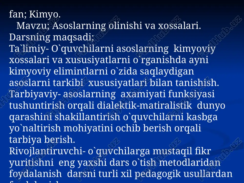 a eriydigan asoslar ko`p idikatorlar rangini o`zgartiradi.masalan fenolftaleinning suv-spili eritmasi har qanday suvda eruvchi asos ta`sirida pushti rangga kiradi. 2.asoslar kislotalar bilan ta`sirlashib , tuz va suv hosil qiladi naoh + hci= naci +h2o mg(oh)2 +hci =mg(oh)ci + h2o 3. asoslar kislotali oksidlar bilan ta`sirlashadi,tuz va suv hosil qiladi. ca(oh)2 + co2 = caco3 + h2o 4. ishqorlar tuzlar bilan ta`sirlashadi va yangi asos hamda tuz hosil buladi nici2 +2naoh =ni(oh)2 +2naci asoslarning olinishi. 1.ishqoriy va ishqoriy yer metallari suv bilan tas`irlashib olinadi 2na +2h2o =2naoh +h2o ca +2h2o=ca(oh)2 +h2 asoslarning nomlanishi; asoslarning nomi o`zgarmas valetnli metallar uchun metall so`ziga gidroksid qo`shib o`qiladi.masalan;kaliy gidroksidi-koh. agar metal atomi o`zgaruvchan valentli bo`lsa va bir necha xil gidroksid hosil qilsa,metal atomi nomidan kiyen qavs ichida rim raqami bilan kursatiladi.masalan mis(ii)- gidroksidi-cu(oh)2. darsning barcha jarayonlarini tushuntirib bo`lgach sinf o`quvchilarini 2-guruhga bo`lib olib darsni savol-javob asosida mustahkamlaymiz. o`tilgan mavzuni o`quvchilar bilan to`liq o`rganamiz va bbb …