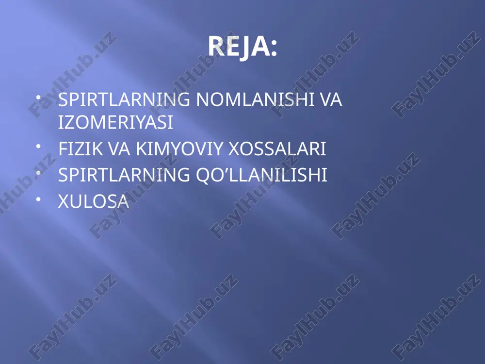 nadi. spirtlarning kimyoviy xossalari gidroksigruppa va radikalga bog’liq. barcha organik moddalar kabi spirtlar ham yonadi. xulosa: spirtlar uglevodorod atomiga –oh guruxining qo’shilishi natijasida hosil bo’lgan birikmalardir. uglevodorodlarga nisbatan ko’plab izomerlari mavjud. molekulyar massasi ortishiga qarab spirtlarning fizik va kimyoviy xossalari ham o’zgarib boradi. spirtlarni bir necha soxalarda, turli maqsadlarda qo’llash mumkin. image2.png image3.png image4.png /docprops/thumbnail.jpeg