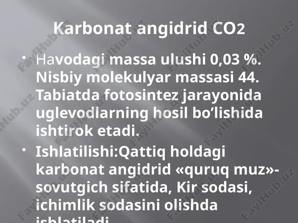 nomini olgan no2 ning gaz va muzli muhitdagi holati. no2 ning ishlatilishi asosan nitrat kislotaolishda va uning asosida turli xil dorivor preaparatlar, portlovchi vositalar, erituvchilar, tolalar olishda ishlatiladi. qimmatli azotli o’g’it olishda qo’llaniladi. image2.png image3.png /docprops/thumbnail.jpeg