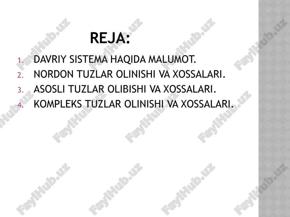 qilsa ham nordon tuz hosil qilinadi: naoh + co2 = nahco3 ba(oh)2 + co2 = ba(hco3)2 olinish usullari: 4.ko’p asosli kislotalarning o’rta tuzlariga kuchli kislota tasir etganda ham nordon tuzlar hosil bo’ladi : ca3(po4)2 + h2so4 = 2cahpo4 + caso4 2cahpo4 + h2so4 = ca(h2po4)2 + caso4 ca(h2po4)2 + h2so4 = 2h3po4 + caso4 5.asoslarga kislotali oksidlarning tasirida ham hosil bo’ladi: co2 + naoh = nahco3 co2 + koh = khco3 nordon tuzlar xossalari: 1.nordon tuzlar suvdagi eritmalarida ikki bosqichda disotsilanadi: nanco3 = na* + hco3 2. nordon tuzlardagi vodorod metal atomlariga o‘rin bera oladi, natijada normal tuzlar hosil bo‘ladi: nanco3 + naon = na2co3 + h2o nanso 4 + naon = na2so4 + h2o nordon tuzlar xossalari: 3.nordon tuzlar qizdirilganda o‘zidan suv ajratib chiqaradi va normal tuzga o‘tadi: ca(hco3)2 = caco3 + h2o + co2 (qizdirib) mg(hco3)2 = mgco3 + h2o + co2 (qizdirib) asosli tuzlar tarkibida metall atomi, …