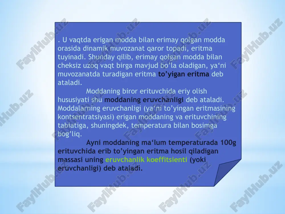 maydigan moddalarga (qattiq moddalar)misollardir.shunday moddalar qatoriga kerosin, o’simlik moyi (suyuq moddalar),nodir gazlarni (gazsimon moddalar)ham kiritish mumkin.suvda kam eriydigan moddalarga gips, qo’rg’oshin sulfat (qattiq moddalar), dietil efir, benzol (suyuq moddalar),metan, azot, kislorot (gazsimon moddalar) misol bo’la oladi. eruvchanlik – moddaning erish qobilyati. ko’pchilik moddalar suvda ancha yaxshi eriydi. bunday moddalarga shakar, mis kuporosi, natriy gidroksid (qattiq moddalar), spirt, aseton (suyuq moddalar), vodorod xlorid, ammiakni (gazsimon moddalar) misol qilib ko’rsatish mumkin. suvda biron modda, masalan, qand erishini kuzatamiz. xona haroratida (20◦c) 100 g suv 200 g qandni erita oladi. undan ortiq miqdor qand bu haroratda boshqa erimaydi. shu eritma to’yingan eritma deb ataladi. chunki unda ortiqcha miqdorda qand eritib bo’lmaydi. gazlarning suyuqliklarda eruvchanligi. gazlarning suyuqliklarda eruvchanligi genri qonuni bilan ifodalanadi. bu qonunga muvofiq o’zgarmas temperaturada ma‘lum hajm suyuqlikda erigan gazning massasi shu gazning bosimiga to’g’ri proportsional bo’ladi: m = k . p bu yerda: m – ma‘lum hajmdagi suyuqlikda erigan gazning massasi, …
