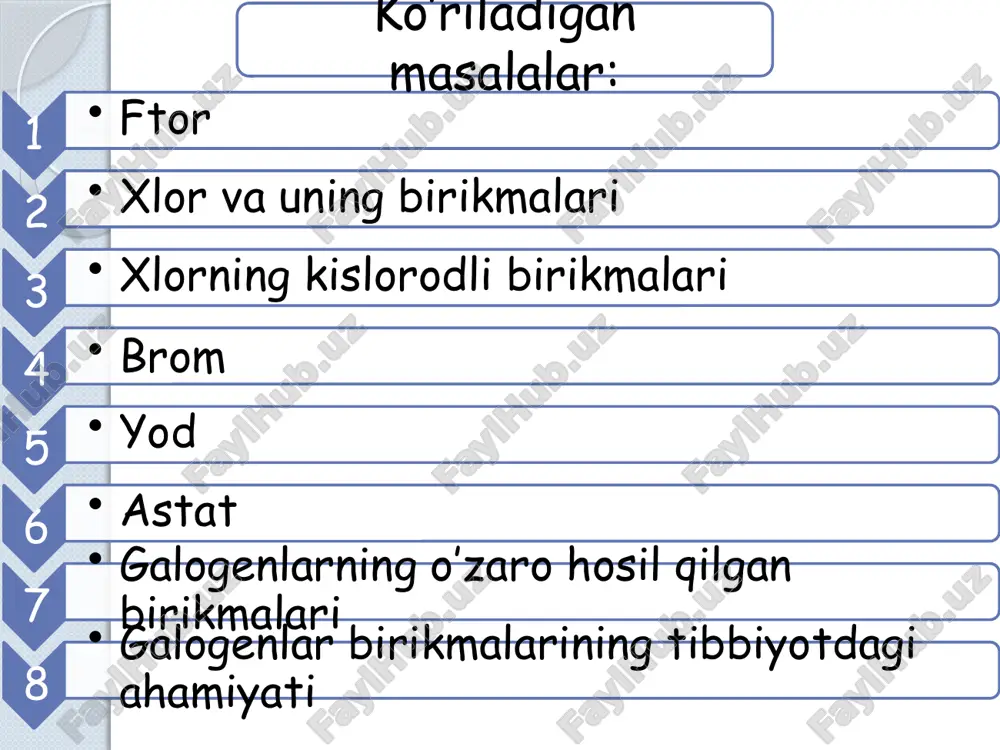 uning molekulasining dissotsialanish energiyasi kichikligi (159kj/mol) bilan tushintiriladi. ftor suvda eritilsa, erish o’rniga shiddatli ta’sirlash yuzaga keladi. ftor atmosferasida hatto shisha ham yonadi. ftor barcha oddiy moddalar bilan hatto sovuqda ham oson ta’sirlashadi. fosfos va oltingugurt ftor bilan -190°c da ta’sirlashadi kremniy odatdagi sharoitdayoq ftor bilan shiddatli reaksiyaga kirishadi. ftor ishqorlar bilan ham ta’sirlashib, unda ftor oksidini hosil qiladi: ftor va kislorod aralashmasiga elektr razryadi ta’sir ettirib kislorod diftorid olingan: kislorod va azot ftor bilan to’g’ridan to’g’ri birikmaydi. ftor vodorod bilan hatto qorong’ida juda past haroratda (-250°c) ham ta’sirlashadi: image11.png
