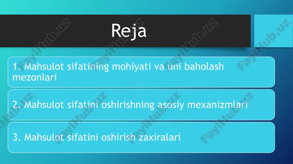 b qiladigan jarayon bo‘lib, iste’molchi talablariga to‘liq javob beradigan mahsulot yaratishga qaratilgan. 🔧 asosiy mexanizmlar: 1. sifat menejmenti tizimlarini joriy etish iso 9001:2015, tqm (total quality management), kaizen, six sigma kabi tizimlar orqali sifatni strategik boshqarish amalga oshiriladi. bunday tizimlar mahsulot ishlab chiqarishdagi har bir bosqichda sifatni nazorat qiladi. 📌 masalan, iso 9001 standarti joriy etilgan korxonalarda 15–25% sifatdagi nuqsonlar kamayganligi aniqlangan (o‘zbekiston respublikasi standartlashtirish agentligi ma’lumotlari, 2023). 2. yangi texnologiyalarni joriy etish zamonaviy texnologiyalar mahsulotning texnik parametrlarini yaxshilash, ishlab chiqarishni avtomatlashtirish va nosozliklarni kamaytirishga xizmat qiladi. robototexnika, raqamli nazorat tizimlari (cnc), 3d bosib chiqarish, sun’iy intellekt asosida sifat nazorati – sifatni oshirishdagi muhim innovatsiyalar. 📊 misol: "baxmal tekstil" mchj 2023-yilda avtomatlashtirilgan tikuv mashinalarini joriy etdi va bu mahsulotdagi brak miqdorini 7% dan 1,9% gacha kamaytirishga olib keldi. 3. xodimlarning malakasini malakali mutaxassislar sifatsiz mahsulot ishlab chiqarilishining oldini oladi. ichki treninglar, xalqaro sertifikatlar (masalan, lean manufacturing), ustoz 📌 fakt: o‘zbekistondagi …