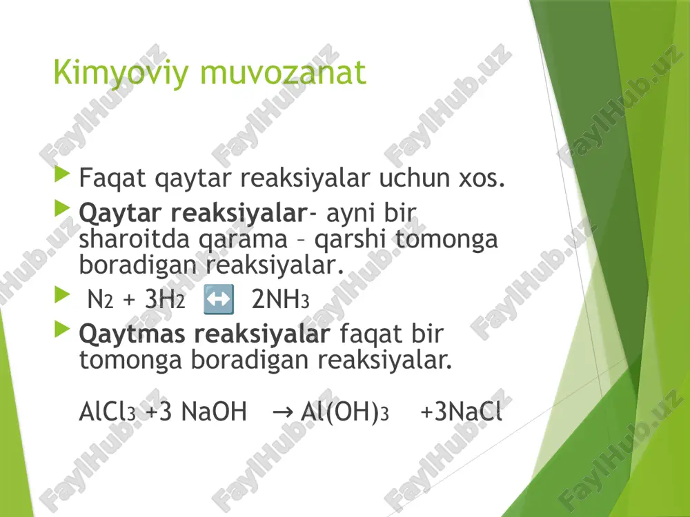 t ekzotermik reaksiya tomomga siljiydi. t↓ +q kimyoviy muvozanatga konsentratsiyani ta’siri muvozanat o’nnga siljiydi agar: dastlabki moddani konsetratsiyasi oshirilsa mahsulotni konsentratsiyasi kamaytirilsa bosimni muvozanatga ta’siri bosim faqat gazlar sistemasiga mos!!! agar qaytar reaksiyada tenglamasida chap qismdagi molekulalar soni o’ng qismdagi molekulalar soniga teng bo’lsa m-n:n2 + o2 + 2no u holda bosimning o’zgarishi muvozanatni siljitmaydi. bosimni muvozanatga ta’siri bosimni oshirilishi kimyoviy muvozanatni hajm kamayishiga olib keladigan reaksiya tomonga siljiydi. n2 + 3h2 2nh3 + q bosim oshganda muvozanat hajm kam tarafga siljiydi!!!(mol kam tarafga) 1 mol 3 mol 2 mol katalizatorlar muvozanatni siljitmaydi! muvozanat qaysi tomonga siljiydi? qaysi moddalarni konsentratsiyalari oshirilganda kimyoviy muvozanat chap tarafga siljiydi? 2no + cl2 = 2nocl + q? a) no; b) cl2; v) nocl; g) vaqt o’tishi bilan o’zi siljiydi. image1.jpeg image2.png image3.png image4.jpeg image5.jpeg image6.jpeg image7.jpeg image8.jpeg image9.png image10.png image11.png image12.png image13.png image14.jpeg image15.png image16.png /docprops/thumbnail.jpeg