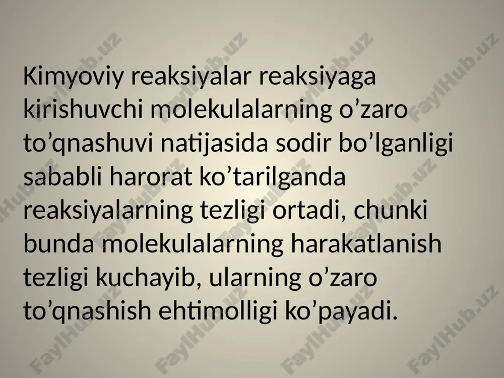 ish xususiyatiga ega. lekin bu reaksiyalar odatdagi sharoitda o’z-o’zicha sodir bo’lmaydi. chunki tegishli oksidlanish reaksiyalarning aktivlanish energiyasi ancha yuqoridir. agar harorat ko’tarilsa kislorod bilan yonuvhci material molekulalari to’qnashuv paytida “qaynoq” bo’ladi, ya’ni ortiqcha energiyaga ega bo’ladi va nihoyat reaksiya tezligi ortadi yonish boshlanadi. aktivlanish energiyasi qancha katta bo’lsa berilgan haroratda reaksiya shuncha sekinlashadi: aktivlanish energiyasi pasayganda reaksiyaning tezligi ortadi. kataliz kimyoviy reaksiyalarning tezligining ishtrokida kataliz deyiladi. katalizatorlar kimyoviy reaksiyaga kirishayotgan moddalar bilan o’zaro ta’sirlashib oraliq mahsulot hosil qiladigan, lekin reaksiya oxirida kimyoviy jihatdn o’zgarmay qoladigan moddalardir. agar katalizator reaksiya tezligini oshirsa, bunday jarayon musbat kataliz katalizator qo’shilganda reaksiya tezligi kamayadigan bo’lsa, manfiy katalizator deyiladi. katalizator reaksiyada muvozanat holati qaror topishini tezlashtiradi, xolos. lekin uni biror tomonga siljitmaydi. katalizator to’g’ri va teskari reaksiyalarning tezliklarini bir xil darajada oshiradi. amalda, ko’pincha past haroratda tezliklarini bir xil darajada oshiradi. amalda ko’pincha past haroratda muvozanat holatiga tez erishish kerak, chunki xuddi shunday sharoitda reaksiya …