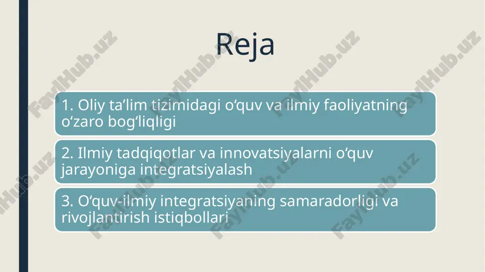 fikrlashni shakllantiradi. ilmiy tadqiqotlar va innovatsiyalarni o‘quv jarayoniga integratsiyalash bugungi kunda ta’lim jarayonini zamonaviy va samarali qilish uchun faqat nazariy bilim bilan cheklanmasdan, unga ilmiy izlanishlar va innovatsion yondashuvlarni qo‘shish zaruratga aylangan. ilm-fan taraqqiyoti va texnologik yangilanishlar oliy ta’lim muassasalarida ham o‘quv dasturlariga bevosita integratsiya qilinmoqda. ilmiy loyihalarni dars jarayonida qo‘llash usullari ilmiy izlanishlar natijalari darsliklar, uslubiy qo‘llanmalar va laboratoriya ishlariga kiritiladi. misol uchun: texnika va tabiiy fanlarda yangi eksperimentlar yoki texnologiyalar laboratoriya mashg‘ulotlarida qo‘llaniladi. ijtimoiy va iqtisodiy fanlarda so‘nggi statistik ma’lumotlar, iqtisodiy tahlillar va ilg‘or xalqaro tajribalar dars jarayoniga kiritiladi. talabalar mustaqil ishlari, kurs ishlari yoki ilmiy referatlari orqali ilmiy yangiliklar bilan tanishtiriladi. bu orqali o‘qituvchining ilmiy faoliyati talabalarning bilim olish jarayoniga bevosita ta’sir qiladi. talabalarni ilmiy izlanishlarga jalb etish shakllari ilmiy faoliyatga talabalarni jalb etish ta’limda faollikni oshiradi. quyidagi shakllar samarali hisoblanadi: ilmiy to‘garaklar va klublar tashkil etish (masala kafedralar qoshida ilmiy seminarlar o‘tkazish. ilmiy maqola va tezislar …