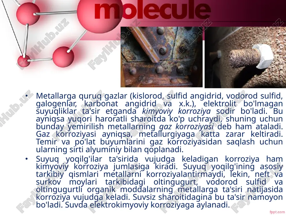 element hosil bo'ladi (temir – anod, mis – katod vazifasini o'taydi). temir oksidlanadi: fe – 2e– fe2 bu elektronlar katod sirtida havo kislorodini qaytaradi: o2  2h2o  4e–  4oh– fe2 ionlari oh– ionlari bilan birikib, fe(oh)2 ni hosil qiladi; fe(oh)2 havo kislorodi va namlik ta'sirida fe(oh)3 ga aylanadi; fe(oh)2  o2  2h2o  4fe(oh)3 natijada temir korroziyaga uchraydi. agar, vodorod ionlari mo'l bo'lsa, temirdan chiqqan elektronlar havodagi kislorodni qaytarmasdan vodorod ionlarini qaytaradi; 2h2e–  2h  h2 temir qalayga tegib tursa, korroziya temir misga tegib to’rgandagiga qaraganda sustroq sodir bo'ladi, temir ruxga tegib tursa, zanglamaydi, chunki, temir ruxga qaraganda asl metaldir; elektrolitlar ishtirokida rux bilan temir hosil qilgan galvanik elementda rux – anod, temir – katod vazifasini bajaradi. metallar korroziyasini oldini olish. metallarni korroziyadan saqlashuchun bir necha choralar qo'llaniladi: a) metall sirtini boshqa metallar bilan qoplash; b) metall sirtini metall bo'lmagan moddalar bilan qoplash; v) metallarga turli …