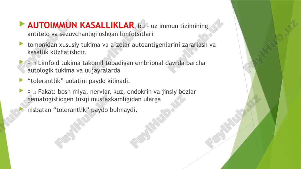immun kasalliklar — immun tizimidan ajratilgan organlarning gistogematik toʻsiqlarini yoʻq qilish oqibatlda rivojlanadi. natijada, immunitet tizimi ushbu organlarning oʻzgarmagan antienlariga taʼsir qilib, antigenlar va sensibilizatsiyalangan limfotsitlarni ishlab chiqaradi, organlardagi oʻzgarishlar kechikilgan turdagi yuqori sezuvchanlik turiga qarab rivojlanibi: toʻqimalarning limfotsitlar bilan infiltratsiyasi, parenximasining oʻlimi va oxirida skleroz . rivojlanadi. bularga autoimmun tiroidit (hasimoto kasalligi), ensefalomielit, polinevrit, koʻp skleroz, idiopatik addison kasalligi, aspermatogeniya, simpatik oftalmiya va boshqalar kiradi. organ — nospesifik autoimmun kasalliklar — asosiy omillar immunobiologik kuzatuv sistemasidagi buzilishlardir. autoimmunizatsiya koʻplab organlar va toʻqimalarning antigenlariga nisbatan rivojlanib, ularda ham kechiktirilgan, ham tezkor sezuvchanlik turlariga xos oʻzgarishlar boʻladi. ushbu guruhga tizimli qizil yuguruk, revmatoid artrit, tizimli skleroderma, dermatomiyozit, ikkilamchi trombotik trombotsitopenik purpura (moshkovich kasalligi) va boshqalar kiradi. oʻrta darajadagi autoimmun kasalliklar — miyasteniya gravis, i turdagi qandli diabet, tireotoksikoz, shergen sindromi, gudpaschera sindromi va boshqalar[ asoratlari autoimmun tiroidit shunga oʻxshash mexanizm boʻyicha rivojlanib, qalqonsimon bezning kolloidi ham qonga chiqarilmaydi (gemato-qalqonsimon toʻsiq), qonga …