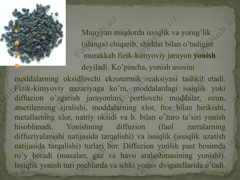 olatiga bog’liq bo’lgan qandaydir asos, negiz deb qaralgan. 16-asrgacha jismlarning qizish darajasi sezgi organlari yordamida aniqlangan. energiya fizik tizimning boshqa fizik tizimlarga nisbatan ish bajara olish qobiliyati miqdoridir. energiya (yun.— harakat, faoliyat) — har qanday ko’rinishdagi materiya, xususan, jism yoki jismlar tizimini tashkil etuvchi zarralar harakatining hamda bu zarralarning o’zaro va boshqa zarralar bilan taʼsirlarining miqdoriy o’lchovi. xalqaro birliklar tizimida energiya xuddi ish kabi joulda, atom fizikasi, yadro fizikasi va elementar zarralar fizikasida esa elektron-voltlarda o’lchanadi. energiya yo’qdan bor bo’lmaydi va mavjud energiya yo’qolmaydi, faqat u bir turdan ikkinchi turga o’tadi. bu energiyaning saqlanish va aylanish qonuni deyiladi. hosil bo’lish issiqligi termokimyoviy hisoblashlarda moddalarning standart hosil bo’lish issiqligi (entalpiyasi) tushunchasi ishlatiladi. standart sharoitda 1 mol murakkab moddaning oddiy moddalardan hosil bo’lish reaksiyasining issiqlik effekti shu moddaning hosil bo’lish issiqligi (∆ho h/b issiqligi) deyiladi. bunda moddaning agregat holatini ko’rsatish zarur. masalan: c + o2 = co2 + 97,2 kal ∆hoh/b issiqligi …