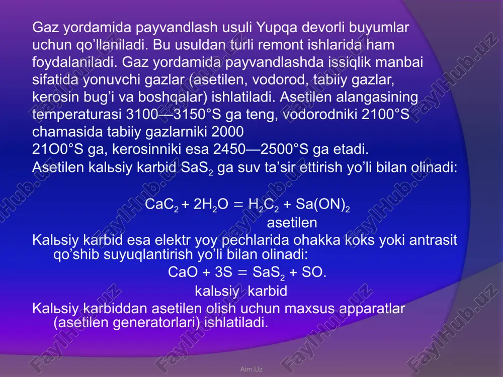 o2  2so2  n2o aim.uz yadro ko’zni qamashtirarli darajada oq tusli, payvandlash zonasi ko’k tusli, to’la yonish zonasi zsa sariq qizil tusli bo’­ladi. mundshtukdan chiquvchi gazlar aralashmasidagi kislorodning asetilenga nisbati 1,1..1,2 bo’lsa, bunday aralashmadan xosil bo’lgan alanga normal alanga deyiladi. asetilen-kislorod alangasining tuzilishsxemasi gaz alangasi bilan payvandlash tartibi. aim.uz payvandlash metali va flyuslar. gaz alangasi bilan payvandlashda payvand birikmaning sifati pay­vandlash metalining xolati xamda ximiyaviy tarkibiga va chok vannasining (chokni tildiruvchi suyuqq metallning) tashqi muxitdan qanchalik xximoya qilinganligiga borlig’ payvan birikmaning sifatli chiqg’ishi uchun payvandlash metalining ximiyaviy tarkibi asosiy (payvandlanadigan) metalliikiga yaqin bo’lishi, payvandlash metali oxista suyuqlanishi, atrofga sachramasligi, gaz pufakchalari hosil qilmasligi, uning sirti toza bo’lishi lozim. payvandlash metalining diametri payvandlanuvchi metallning qalinligiga borliq bo’ladi. qumtuprokdan foydalanilganda suyuq metallda quyidagi reaksiya sodir bo’ladi: feo  sio2 fesio2 shlak hosil bo’lgan shlak suyuq metall sirtiga qalqib chiqadi va metallni tashqi muhitdan himoyalaydi. bundan tashqari, chok me­tali feo dan tozalanadi. …