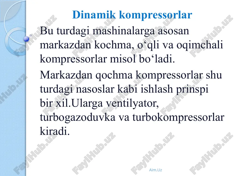 diraklar (3-4 ta) urnatiladi. bunda gaz bosqichlar orasida sovutilmaydi. ko’p bosqichli turbogazoduvkalarda gildiraklar diametri o‘zgarmaydi, eniga esa, birinchisidan oxiriga qarab, kamayib boradi. bu bilan xar bir bosqichda siqish darajasi ortib boradi. o’qning aylanishlar soni va kurakchalar tuzilishi o‘zgartirilmaydi. turbogazoduvkalarda siqish darajasi 3-3,5 dan ortmaydi. aim.uz turbokompressorlar tuzilishi bo‘yicha xuddi turbogazoduvka konstruksiyasi kabi, faqat ular yuqori siqish darajasini ta’minlaydi. undan tashqari, ularda gildiraklar soni ancha ko’p bo‘ladi. gildiraklar diametri va eni birinchi gildirakka nisbatan asta-sekin kamayib boradi. ko‘p xollarda turbokompressor gildiraklari seksiyalanib, 2 yoki 3 korpusga joylashtiriladi. har bir kobikda gildiraklar diametri turlicha bo‘lsa, lekin qobiq ichidagi g’ildiraklar diametri bir xil, eni esa har xildir. odatda, bir qobikdan ikkinchisiga utayotgan siqilgan gaz maxsus sovutkichlarda temperaturasi pasaytiriladi. turbokompressorlarda maksimal erishish mumkin bo‘lgan bosim 2,5...3,0 mpa. aim.uz image2.png image3.png image4.png image5.png image6.png image7.png image8.png /docprops/thumbnail.jpeg