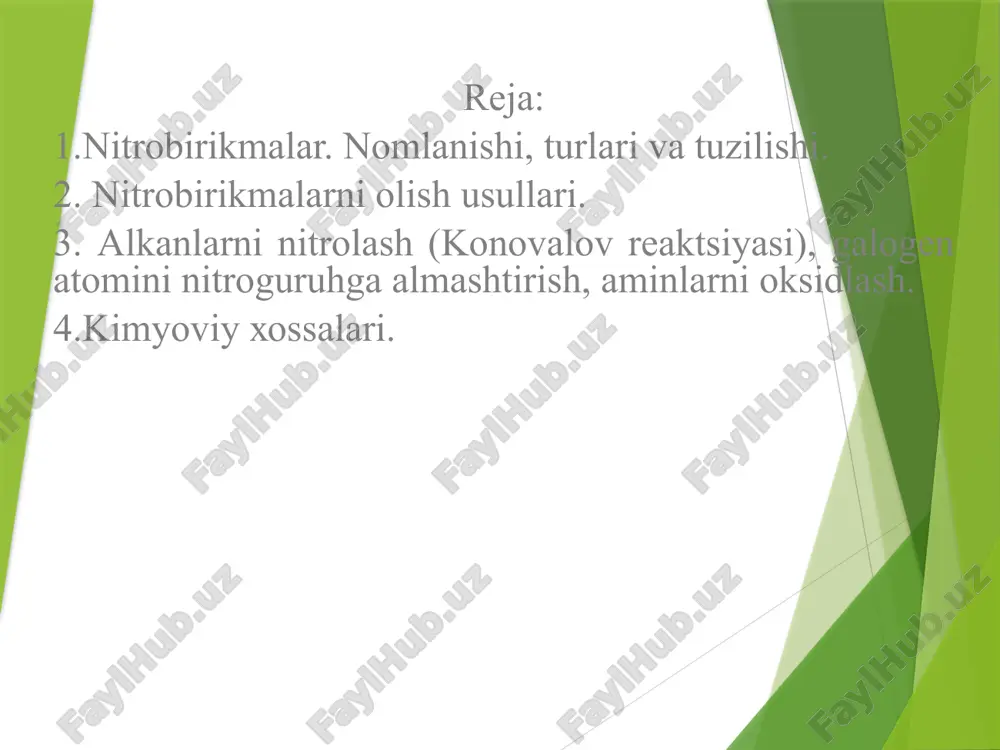 irgan: ikkilamchi mahsulotlar sifatida ketonlar, karbon kislotalar hosil bo’ladi. gaz fazasida nitrolash x. gess (1930) tomonidan ishlab chiqilgan. alkan va nitrat kislota bug’lari maxsus reaktorlarda qisqa vaqtda (0,2-2 sek) 420-480oc gacha qizdiriladi va tezda sovitiladi. metandan nitrometan hosil bo’ladi. etan, propan va butanlarni nitrolashda c-c bog’ uziladi va nitroalkanlar aralashmasi hosil bo’ladi. ularni haydash yo’li bilan bir-biridan ajratish mumkin: bevosita nitrolash reaksiyasi erkin radikal mexanizm bo’yicha boradi. erkin radikallar nitrat kislotani termik parchalanishi natijasida hosil bo’ladi: bu jarayonda o2no. aktiv radikal hisoblanadi. b) nitritlarni alkillash. kumush nitritni galogenalkanlar bilan alkillashda v.meyer (1872) nitroalkanlar va alkilnitratlar aralashmasini olgan: boshqa nitritlar, masalan, nano2, kno2 larni ham nitrolash mumkin, faqat mos erituvchi tanlansa bas. bu maqsadda eng yaxshi erituvchilar sifatida bipolyar aproton erituvchilar ishlatiladi, chunki ularda ularda kationlar kuchli solvatlanadi va shu sababli nitrit-ionlar aktivlanadi. bunday erituvchilarga dimetilsulfoksid va dimetilformamid (ch3)2ncho kiradi: bunday sharoitda oz miqdorda alkilnitrat tutgan nitroalkanlar olinadi. nitrit – ion …