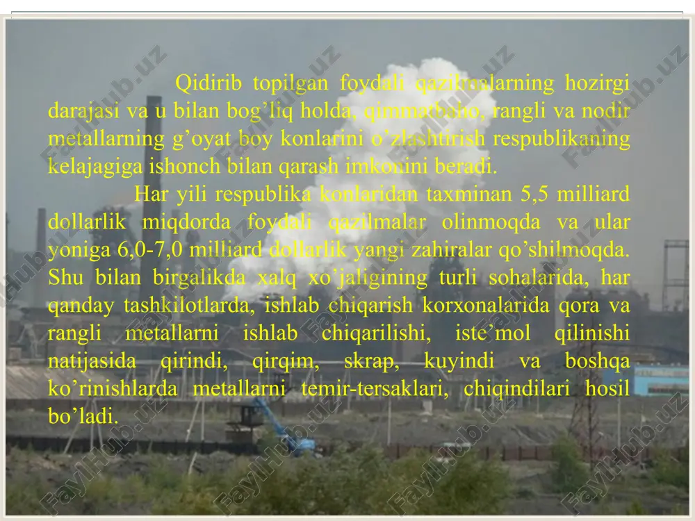 asosiylari quyidagilarni tashkil qiladi: 1. nisbatan kam kapital quyilmalar talab qiladi. 2. qayta ishlash texnologiyasini yuqoriligi. 3. energiyani sezilarni darajada kam sarf bo’lishi. 4.qayta tiklanmaydigan mineral xom ashyo resurslaridan foydalanish kamayadi. 5. atrof muhitga zarari kamayadi. metall ishlab chiqarish ikkilamchi metallarning umumiy miqdoridagi ulushi ruda xom ashyosidan ikkilamchi xom ashyodan alyuminiy mis ruh qo’rg’oshin qalay 11600 6040 4273 2507 181,3 2900 3870 915 1500 51,82 20 39 17,5 37.4 22.2 2010-yildagi birlamchi va ikkilamchi metallar ishlab chiqarish ko’rsatkichlari (ming. tonna hisobida) ikkilamchi metallar ishlab chiqarishda materiallarga, elektr energiyaga, yoqilg’iga ketgan sarf-xarajatlar birlamchi metall ishlab chiqarishga qaraganda ancha kam sarf bo’ladi. masalan, elektr energiyani sarfi birlamchi mis ishlab chiqarishda 6,2; ruh ishlab chiqarishda 3,6; alyuminiy ishlab chiqarishda 19,5; nikel ishlab chiqarishda 9,3; qo’rg’oshin ishlab chiqarishda 2,3 marta ikkilamchi metall ishlab chiqarganga qaraganda ko’p bo’ladi. hozirgi kunda muddatini o’tagan mashina, mexanizmlar, uskuna­lar, metall konstruksiya lar juda ko’p yig’ilib qolganki bularni yo’qotishni birdan-bir …