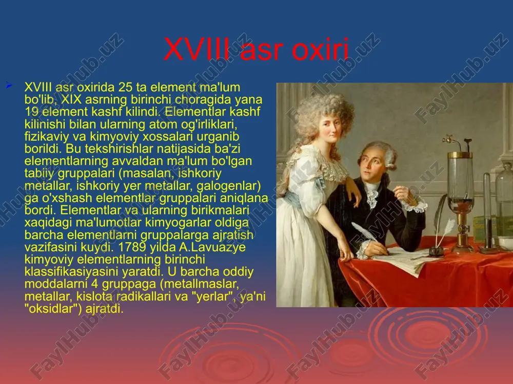 b borish tartibida bir qatorga joylashtirganda, xar qaysi sakkizinchi element uz xossalari bilan birinchi elementga o'xshash bo'lishini kurdi. bu tartib muzika notasidagi gammalar kabi takrorlandi. nemis olimi lotar meyer 1864 yildagi sistemasi nemis olimi lotar meyer 1864 yilda uz sistemasini ishlab chikdi. u 27 ta elementni valentliklariga qarab olti gruppaga bo'ldi. u uz asarini "atom og'irliklarning son bilan ifodalanadigan kiymatlarida biror qonuniyat borligiga shubxa bo'lishi mumkin emas" degan ibora bilan tugatdi. meyer o'zining ikkinchi makolasida (uning makolasi mendeleyev makolasidan keyin nashr kilingan edi) elementlarning solishtirma xajmlari davriy ravishda uzgarishini (ya'ni bir necha elementdan keyin kaytarilishini) kashf etdi. bu kashfiyot katta axamiyatga ega bo'ldi,lekin davriy qonunni ta'riflash uchun yetarli emas edi. d.i.mendeleyevdan oldin olib borilgan ishlarni mazmuni d.i.mendeleyevdan oldin olib borilgan ishlarning xech birida kimyoviy elementlar orasida o'zaro uzviy bog'lanish borligi topilmadi. xech kim elementlar orasidagi o'xshashlik va ayirmalar asosida kimyoning muxim qonunlaridan biri turganligini d.i.mendeleyevgacha kashf etolmadi. chukur ilmiy bashorat …
