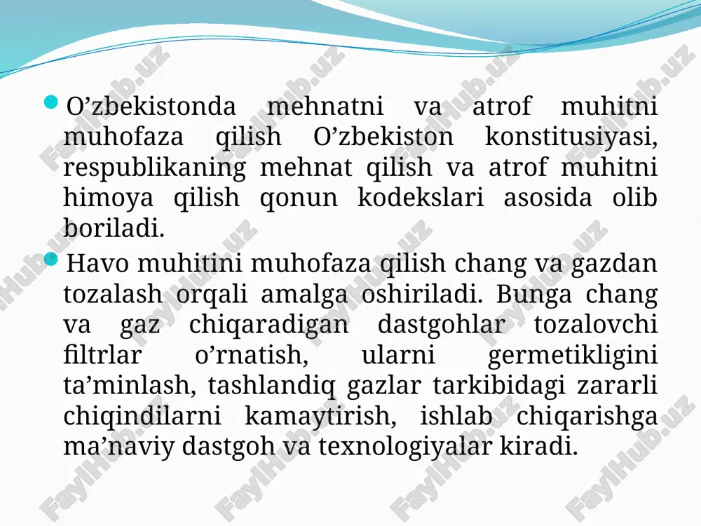 ma va tuzlarni taxminiy cho’kish tezligi 0,25 g/(m2soat) dan oshmasligi kerak; 3) suv metalni koroziyamasligi va himoya betonini buzmasligi kerak; 4) suv issiqlik almashinish apparatlarini 0,07 g/(m2soat) oshiq tezlikda biologik obrastaniyaga yordamlashmasligi kerak. oqava suvlarni suv havzalariga chiqarib yuborish, er yuzasi suvlarini zararli oqava suvlardan muhofaza qilish davlat qoidalariga binoan bajariladi. bu qoidalar meliorasiya va suv xo’jaligi vazirligi, baliqchilik xo’jaligi vazirligi, o’zbekiston respublikasi bosh sanitar vrachi tomonidan tasdiqlangan. bundan tashqari bu me’yorlar o’zbekiston respublikasi tabiatni muhofaza qilish qonunida belgilab qo’yilgan. bu qoidada oqava suvlar tarkibidagi zararli moddalarni ruxsat etilgan konsentrasiyasi (rek) ko’rsatiladi. 27-jadvalda suv havzalarga tashlanadigan oqava suvlardagi rangli metall ionlarining ruxsat etilgan konsentrasiyasi keltirilgan. ionlar rb+2 as+3 as+2 cd+2 bi+3 bi+5 cu+2 fe+2 rek 0,1 0,05 0,1 0,01 0,5 0,1 0,1 0,5 suv havzalarga tashlanadigan oqava suvlardagi rangli metall ionlarining ruxsat etilgan konsentrasiyasi; mg/l image2.png image3.png /docprops/thumbnail.jpeg