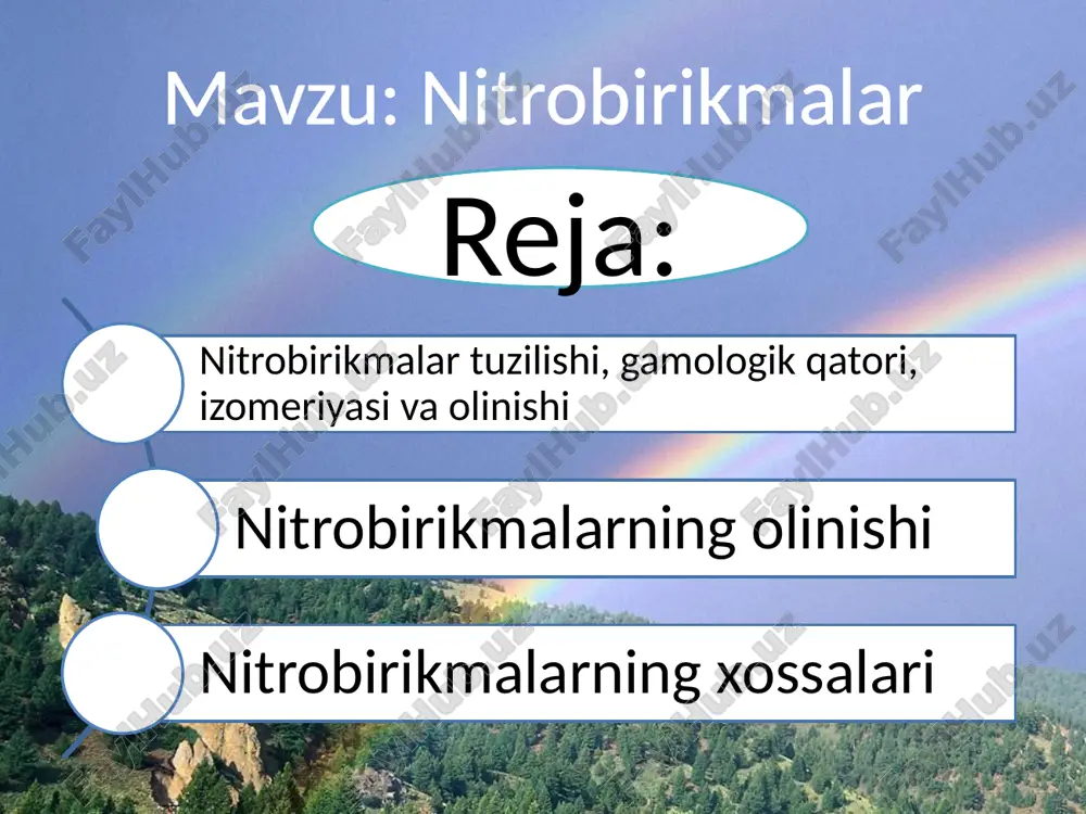 islotasi yoki azot oksidlari yordamida 420-4800c da nitrolanganda nitrobirikmalar aralashmasi hosil bo`ladi (x. gess, 1930 y). reaksiya juda qisqa muddatda olib boriladi. uning sxemasi va mexanizmini quyidagicha ko`rsatish mumkin: aim.uz 2. galoidalkillarga nitrit kislota tuzlarining ta'siri: rbr + nano2  rno2 + nabr bu reaksiyada alkilnitritlar ham hosil bo`ladi: r-o-n=o ular ko`proq uchlamchi galoidalkillar reaksiya-sida hosil bo`ladi. bu reaksiyaning mexanizmi nukleofil almashinishdir aim.uz bu reaksiyada nukleofil kornblyum qoidasiga muvofiq elektron zichligi yuqori bo`lgan kislorod atomi bilan reaksiyaga kirishadi. birlamchi galoidbirikmalar sn2 mexanizmi bo`yicha reaksiyaga kirishib, nitroalkanlar hosil qiladi. bunda nukleofil qutblanuvchanligi katta bo`lgan azot atomi bilan reaksiyaga kirishadi: aim.uz nitrobirikmalar sariq rangli, zaharli suyuq yoki qattiq moddalardir. birlamchi va ikkilamchi nitrobirikmalar nitroguruhning kuchli elektronoakseptorlik xossasi tufayli tautomer kislota formasiga o`tib turadi; shuning uchun ular ishqor eritmasida eriydi; aim.uz vodorod bilan qaytarib aminobirikmalar- rnh2, nitrit kislotasi ta'sirida nitrozonit-robirikmalar olinadi: sul'fat kislota ta'sirida karbon kislotalar, al'degid yoki ketonlar hosil qiladi. bunda birlamchi …