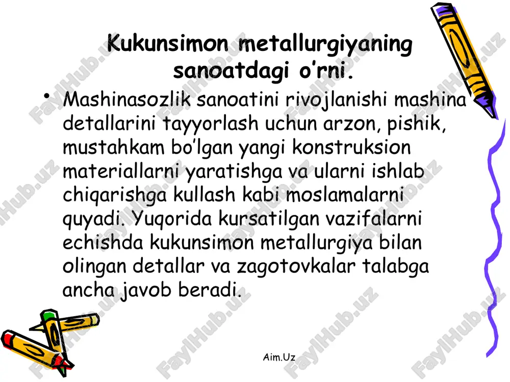 larini asosiy texnologik xususiyatlariga ularning oquvchanligi, presslanishi va pishiqligi kiradi. kukunlarning oquvchanligi deb, kukuni qolipga qanchalik ravon to’lishlik xususiyati bo’lib, kukun zarralari mayda bo’lsa oquvchanlik yomonlashadi va aksincha. namligi oshishi bilan oquvchanlik yaxshilanadi. kukunlarning oquvchanligini mikdoriy baholash diametri 1.5-4.0 mm teshiklardan sekunda o’tishi tezligi bilan aniqlanadi. metal kukunlarini oquvchanligini tekshirish. aim.uz kukunlarni o’lchamlari buyicha saralanib g’alvirlarda (50 mk) yiriklari va havo oqimida ajratish 50 mk dan kichik o’lchamlardagilari. metal kukunlarini saralash. aim.uz aralashma kirgan komponentlarni bir biriga aralashtirish katta ahamiyatga ega va bu operasiya maxsus aralashtirgichlarda bajariladi. ba’zi hollarda kukunlarni yaxshi presslanishi uchun kukun massasiga har xil texnologik to’ldiruvchilar ko’shiladi, ularni kiritishdan maqsad presslanish xususiyatini yaxshilash.(parafin, spirt, benzol) komponentlarni aralashtirish. aim.uz metal kukunlarini olishni mexanik usuli bolg’achali tegirmonlarda maydalash. qirindilardan kukun olish. 1.qirindi uchun bunker 2. korpus, 3. bolg’achalar 4. g’alvir 5. bunker 6. elektrodvigatel aim.uz suyuq metalni purkash. bu usul metal kukunlarini olishni juda sodda va arzon texnologik jarayoni …