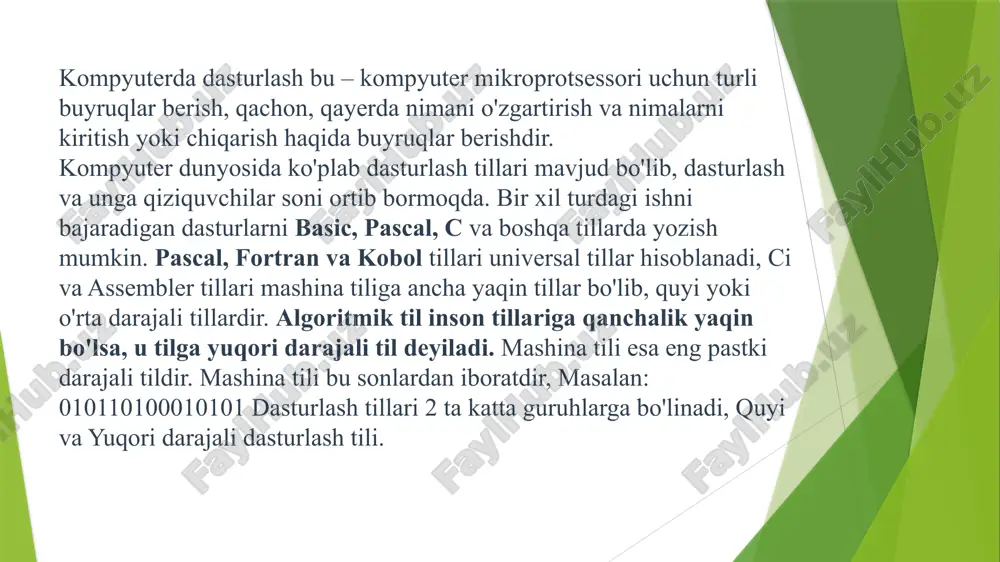 ashgan til - assembler tili nomini oldi. odatda dasturlash yuqori saviyali dasturlash tillari (delphi, java, c++, python) vositasida amalga oshiriladi. bu dasturlash tillarining semantikasi odam tiliga yaqinligi tufayli dastur tuzish jarayoni ancha oson kechadi. ko'p ishlatiladigan dasturlash tillari. biz hozir biladigan va ishlatadigan tillarning barchasi shu guruhga mansub. ular insonga "tushunarli" tilda yoziladi. ingliz tilini yaxshi biluvchilar programma kodini qiynalmasdan tushunishlari mumkin. bu guruhga fortran, algol, c, pascal, cobol va h.k. tillar kiradi(ko`pchiligi hozirda deyarli qo`llanilmaydi). eng birinchi paydo bo`lgan tillardan to hozirgi zamonaviy tillargacha ishlatish mumkin. lekin, hozirgi web texnologiya orqali ishlaydigan tillarda(php, asp.net, jsp) bunday dasturlar tuzilmaydi. chunki bunday dasturlarning ishlashi uchun yana bir amaliy dastur ishlab turishi kerak. hozirda, amaliy dasturlar, asosan, visual c++, c#, borland delphi, borland c++, java, python kabi tillarda tuziladi. python dasturlash tili boshqa tillarga nisbatan o‘rganish ancha oson va shu bilan birga imkoniyatlari boy bo‘lgan til hisoblanadi. ya’ni, til o‘rganishni boshlovchilar uni …