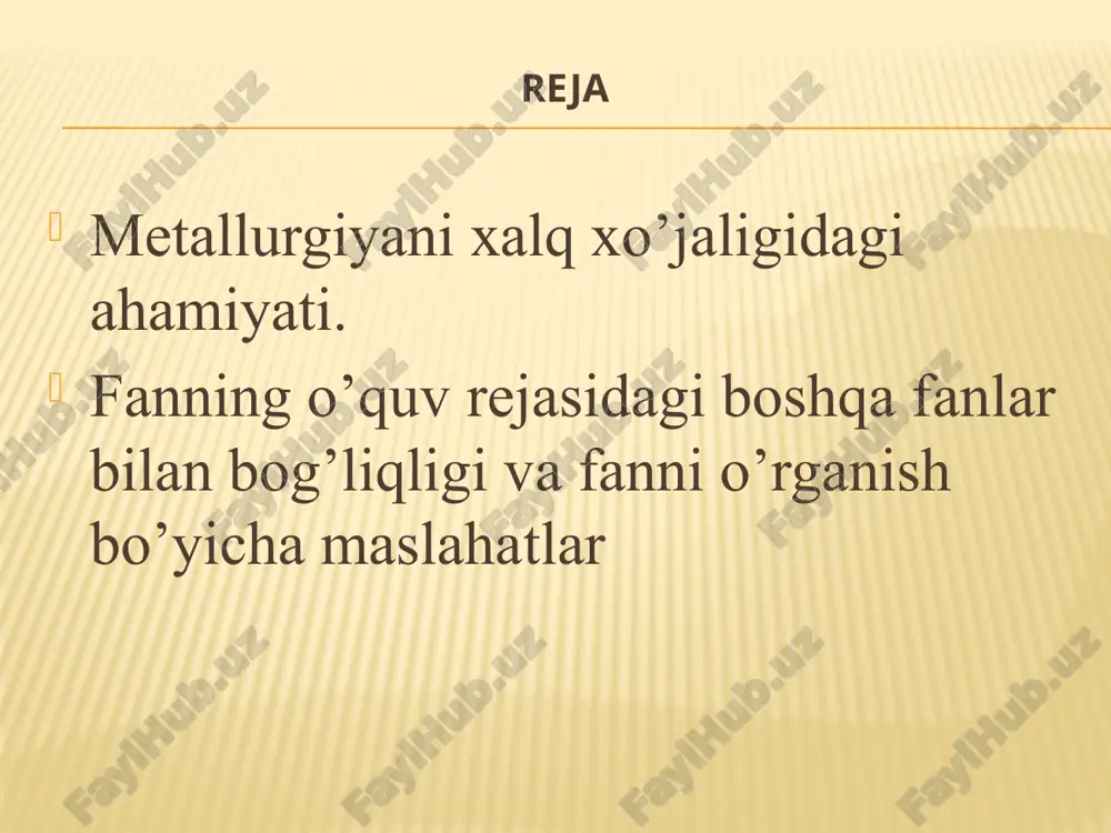 giyani yutuq va kamchiliklarini ko’rsatish; hozirgi kundagi mavjud metallurgiya korxonalari axvoli, texnologiyasi bilan tanishtirish, rivojlangan xorijiy davlatlar metallurgiyasi xaqida ma’lumot berish; metallurgiyada ekologiya asoslarini tushuntirish. talaba «metallurgiyaga kirish» kursini o’zlashtirganida metallurgiyani xalq xo’jaligidagi ahamiyati, metallurgiya sanoatining strukturasi, metallarni klassifikasiyalanishi, texnikada ishlatilishi va qo’llanishi, asosiy rangli va qora metallarni rudalari, minerallari, resurslari, zahiralari va bugingi ahvoli, fanni bevosita boshqa fanlar bilan bog’langanligi mazkur fan materiallari «metallurgiyaning fizika-kimyoviy asoslari», «rudalarni qayta ishlashga tayyorlash», «ikkilamchi metallurgiya asoslari», «nodir metallar metallurgiyasi», «og’ir rangli metallar metallurgiyasi» va boshqa bir qancha mutaxassislik fanlarini kirish qismini o’z ichigaoladi va ushbu fanni o’rganishdaolingan bilimlar yuqorida nomlari keltirilgan mutaxassislik fanlarini o’rganishda qo’l keladi. ushbu fan davlat ta’lim standarti va namunaviy dastur asosida o’quv rejasiga ko’ra birinchi semestrda o’qitilishi mo’ljallangan. mazkur fan bo’yicha ma’ruzalar matni, o’qitish bo’yicha o’quv-uslubiy ko’rsatmalar, turli xil adabiyotlar mavjud. etiboringiz uchun rahmat image3.png image4.png image5.png image6.png /docprops/thumbnail.jpeg