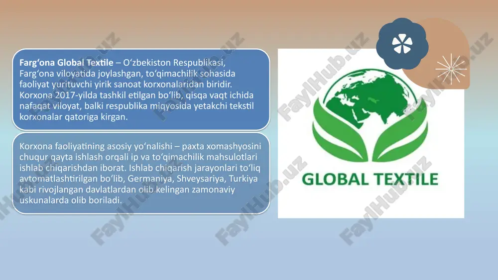 ropa ittifoqi davlatlariga ekologik toza mahsulotlar yetkazib berish imkoniyati mavjud. davlat qo‘llab-quvvatlashi – tekstil sanoatiga berilayotgan subsidiyalar, soliq imtiyozlari va bojxona yengilliklari korxonaning iqtisodiy barqarorligini mustahkamlamoqda. ichki bozordagi talab o‘sishi – aholining tekstil mahsulotlariga bo‘lgan ehtiyoji ortib bormoqda. bu esa ichki bozorda ham faol ishtirok etish imkonini yaratadi. texnologik yangilanishlar – raqamli boshqaruv, avtomatlashtirilgan ishlab chiqarish liniyalari va energiya tejamkor texnologiyalar korxonaga raqobatda ustunlik beradi. ishlab chiqarish ko‘lamini oshirish imkoniyati – korxonaga qarashli hudud keng bo‘lib, yangi liniyalarni tashkil qilish orqali ishlab chiqarish quvvatini ikki baravarga oshirish imkoniyati mavjud. asosiy muammolar: xomashyo narxining o‘zgaruvchanligi – paxta narxining mavsumiy va global bozordagi o‘zgarishi ishlab chiqarish tannarxiga bevosita ta’sir ko‘rsatmoqda. tayyor mahsulot turining cheklanganligi – korxona asosan ip va mato ishlab chiqaradi. tayyor kiyim-kechak va boshqa yuqori qo‘shilgan qiymatli mahsulotlar ishlab chiqarish hali keng yo‘lga qo‘yilmagan. logistika va transport muammolari – eksport mahsulotlarini chet davlatlarga yetkazishda temiryo‘l va avtomobil transportidagi kechikishlar, bojxona …
