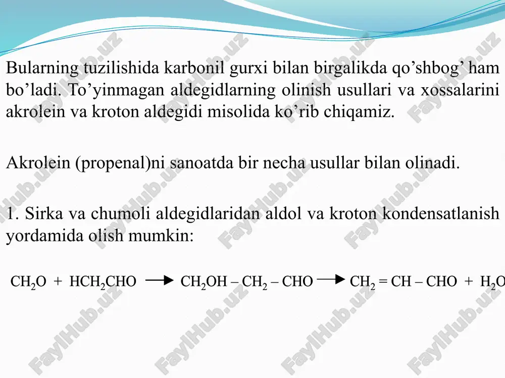 iktirib oladi: metilvinilketon oson polimerlanadi. u plastmassalar ishlab chiqarishda ishlatiladi. 7 aromatik aldegid va ketonlar aromatik aldegid va ketonlarning tuzilishida aromatik halqada karbonil c=o guruhi mavjud bo’ladi. karbonil guruhi aromatik halqa bilan bevosita yoki yon zanjirda bo’lishi mumkin. agar, aromatik aldegidlarda karbonil guruhi aromatik halqa bilan bevosita bog’langan bo’lsa, bunday aldegidlarning nomi tegishli aromatik kislotalarning nomidan keltirib chiqariladi. 8 aromatik aldegidlar. aromatik aldegidlarni yog’ qator aldegidlarini olish usullaridan foydalanib hosil qilish mumkin. shuning bilan bir qatorda aromatik aldegidlar olishning ayrim yog’ qator aldegidlarini olishdan farq qiladigan usullari ham mavjud. shular bilan qisqacha tanishib chiqamiz. 1. uglevodorodlarning oksidlanishi. benzolning gomologlari, masalan, toluol havo kislorodi bilan katalizatorlar ishtirokida oksidlanganda benzaldegidni hosil qiladi: 2. aromatik halqaga aldegid guruhini kiritish. aromatik uglevodorodlarga uglerod-(ii)-oksid bilan vodorod xlorid aralashmasi katalizator ishtirokida ta’sir etilganda aromatik aldegidlar hosil bo’ladi: bu reaksiyada oraliq mahsulot sifatida formil xlorid hosil bo’ladi: benzol bu jarayonga qiyin kirishadi. uning gomologlari esa oson kirishadilar …
