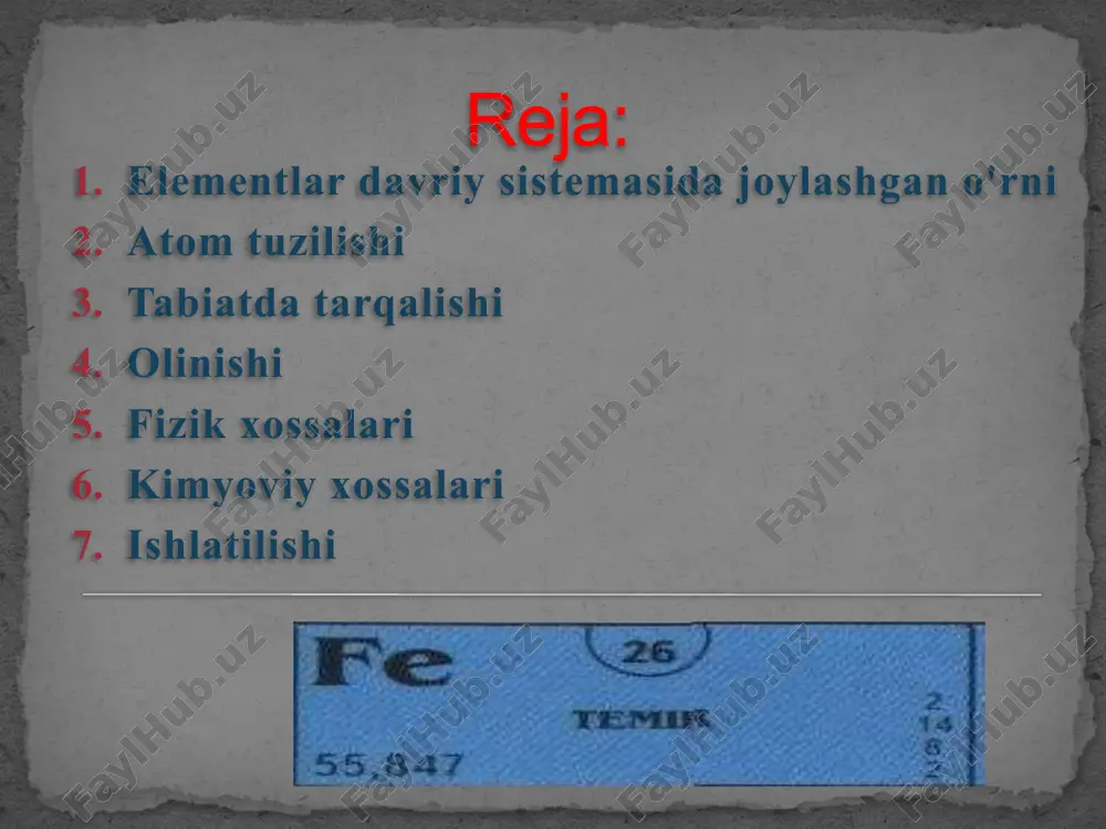 i. suyuqlanish harorati 1534,83°c, zichligi 7874 kg/m3; izotop soni 16 (49^63); fizik xossalari havoda qizdirilganda temir oksidlari aralashmasini-temir kuyindisini hosil qiladi: 3fe + 2o2 -> fe3o4 yoki feo-fe2o3 temir qizdirilganda xlor, oltingugurt, uglerod, azot bilan reaksiyaga kirishadi: 2fe + n2 — 2fen temir (il)-nitrid fe + s — fes temir (il)-sulfid 3fe + c - fe3c temir karbid 2fe + 3cl2 - 2fecl3 temir (iii)-xlorid cho'g'langan temir suv bug'i bilan ta'sirlashadi, natijada temir kuyindisi va vodorod hosil bo'ladi, lekin bu reaksiya qaytar reaksiya hisoblanadi: 3fe + 4h2o = fe3o4 + 4h2 nam havo va suvda temir korroziyaga uchraydi, yemiriladi, zanglaydi. kimyoviy xossalari temir boshqa metallar orasida inson uchun eng katta ahamiyatga ega metalldir. zamonaviy texnikaning barcha sohalari temir va uning qotishmalari bilan chambarchas bog'liq. amaliyotda toza temirdan kamroq, lekin uning qotishmalari bo'lib hisoblanadigan - po'lat va cho'yandan juda keng miqyosda foydalaniladi. ularning ahamiyati shu darajada kattaki, ular alohida - qora …
