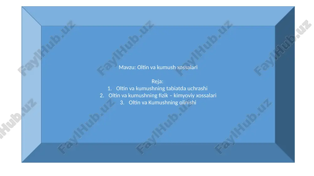 lor tuzi sarik-limon rangli kukun, uchmaydi va uy xaroratida buglanmaydi, suvda yaxshi parchalanadn va oltin xlorid 3aus1= au + aus13(5)hosil buladi. № xossalari oltin 1 atom massasi 196,967 2 zichligi, g/sm 19,3 3 atom radiusi, a 1,44 4 ionli radiusi, a 1,37 5 erish temperaturasi, 0c 1063 6 qaynash temperaturasi, 0c 2880 7 erish issiqlik sig‘imi, kol/g 15,5 8 bug‘lanish issiqlik sig‘imi, kol/g 415 9 solishtirma issiqlik sig‘imi kol/g´grad 0,0306 10 issiqlik o‘tkazish sig‘imi 00 dan 1000c gacha kol/ sm´ grad ´ sek 0,744 11 solishtirma elektr o‘tkazishi 200 da om/sek 2,25´10 12 mustahkamlik, qarshilik moduli kg/mm2 7900 13 mustahkamlik chegarasi kg/mm2 14 14 qattiqligi (bryunelcha) kg/mm2 18 15 qattiqligi (mooscha) kg/mm2 2,5 oltinning muhim fizik xossalari. oltinning ajralib turadigan xususyatlaridan yana biri kompleks birikma xosil kilishga moyilligi va uning uz birikmalaridan metall xoligacha oson kaytarilishidir. foydalanilgan adabiyotlar n.ismoilov “kamyob , nodir va tarqoq metallar kimyoviy texnologiyasi” toshkent – 2005 …