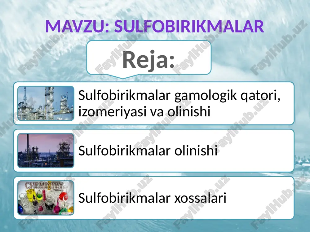 molekula suv ajratib saxaringa aylanadi: saxarin sul'fokislotalarning tuzlari yuqori temperaturada (290-3400 c) o`yuvchi ishqorlar bilan qizdirilganda sul'fogruppa ona gruppaga almashadi: aim.uz sul'fogruppa - so3h aromatik halqaning aktiv-ligini kamaytirib, elektrofil' almashinish reak-siyalarida o`rinbosarni meta-holatga yunal-tiradi. m-n: aim.uz e’tiboringiz uchun raxmat! aim.uz image1.jpeg image2.png image6.png image7.png image8.png image9.png image10.png image11.png image12.png image13.png image14.png image15.png image16.png /docprops/thumbnail.jpeg