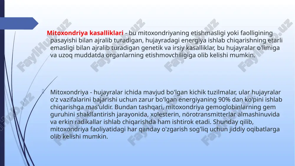 kasallikni aniqlash ko'pincha mitoxondriyal kasalliklarga ixtisoslashgan shifokorlar tomonidan genetik va molekulyar testlar orqali amalga oshiriladi. mumkin sabablar mitoxondriyal kasalliklar genetikdir, ya'ni ular mitoxondrial dnkda mutatsiyalar mavjudligiga yoki yo'qligiga va hujayra ichidagi mutatsiyaning ta'siriga qarab namoyon bo'ladi. tananing har bir hujayrasi sitoplazmasida yuzlab mitoxondriyaga ega, ularning har biri o'ziga xos genetik materialga ega. bitta hujayrada mavjud bo'lgan mitoxondriya bir-biridan farq qilishi mumkin, xuddi mitoxondriyadagi dnkning miqdori va turi hujayradan hujayraga farq qilishi mumkin. mitoxondriyal kasallik xuddi shu hujayraning ichida genetik moddasi mutatsiyaga uchragan va bu mitoxondriyaning ishlashiga salbiy ta'sir ko'rsatadigan mitoxondriyalar bo'lganida sodir bo'ladi. shunday qilib, mitoxondriya qancha nuqsonli bo'lsa, shuncha kam energiya ishlab chiqariladi va hujayra o'lishi ehtimoli shunchalik katta bo'lib, hujayra mansub bo'lgan organning ishiga putur etkazadi. tana hujayralarida mitoxondriya deb nomlangan kichik qismlar (hujayra boshiga 1000 dan ko'p). mitokondriya bizning hujayralarimiz o'sishi va ishlashi uchun zarur bo'lgan energiyani ishlab chiqaradi. agar mitoxondriya buzilgan yoki ishlamasa, hujayralar o'z funktsiyalarini …