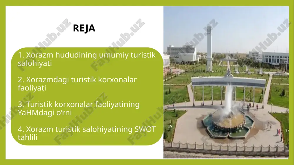 ransport va yo‘riqchilar (gidlar) bilan ta’minlangan. xorazmdagi turistik korxonalar faoliyati xorazm viloyati turizm sohasida faoliyat yuritayotgan korxonalar soni bo‘yicha mamlakatimizdagi yetakchi hududlardan biri hisoblanadi. ushbu korxonalar mahalliy va xorijiy sayyohlarni jalb qilish, ularni sifatli xizmatlar bilan ta’minlash va mintaqa iqtisodiyotini rivojlantirishda muhim o‘rin tutadi. 🏨 turistik korxonalar turlari va soni: turistik firmalar: xorazm viloyatida hozirda 80 dan ortiq sayyohlik firmalari faoliyat yuritmoqda. ular asosiy yo‘nalishda ichki va xalqaro tur paketlar tashkil etadi. mehmonxonalar va mehmon uylari: viloyatda 100 dan ortiq mehmonxona, hostel va oilaviy mehmon uylari faoliyat ko‘rsatmoqda. ayniqsa, xiva shahri mehmonxonal ekskursiya va gid xizmatlari: ruxsatnoma asosida faoliyat yuritayotgan gidlar soni yil sayin ortmoqda. ular asosan tarixiy obidalar bo‘ylab ekskursiyalarni tashkil etadi. 📈 faoliyatning o‘sish tendensiyasi: so‘nggi yillarda turistik xizmat ko‘rsatish sohasida xususiy sektor ulushi oshdi. mobil ilovalar orqali xizmat ko‘rsatuvchi agentlik, startap ko‘rinishidagi mini-tur firmalar faoliyati faollashmoqda. yangi ochilayotgan eko-mehmon uylari ekoturizmga 🔧 turistik xizmatlar yo‘nalishlari: sayyohlik paketlari …