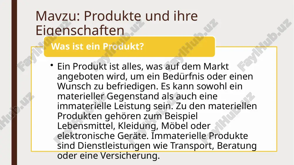 ittel, getränke oder hygieneartikel. gebrauchsgüter sind produkte, die über einen längeren zeitraum verwendet werden können, z. b. möbel, kleidung oder smartphones. 2. investitionsgüter (produktionsgüter): diese produkte werden von unternehmen gekauft, um andere güter oder dienstleistungen zu produzieren. zum beispiel maschinen, werkzeuge oder computer für ein büro. sie dienen nicht dem direkten konsum, sondern der wirtschaftlichen leistung. 3. dienstleistungen: obwohl sie keine materiellen produkte sind, gelten dienstleistungen ebenfalls als produkte. beispiele sind transportdienste, ärztliche beratung oder bankdienstleistungen. sie sind immateriell, werden aber trotzdem angeboten und konsumiert. 4. weitere unterscheidungen: produkte können auch nach zielgruppen unterschieden werden (z. b. konsumgüter für kinder oder senioren) oder nach ihrer herkunft (regionale oder internationale produkte). außerdem gibt es digitale produkte wie software oder online-abonnements. eigenschaften von produkten produkte haben verschiedene eigenschaften, die ihre qualität, ihren nutzen und ihre attraktivität für die kunden bestimmen. diese eigenschaften spielen eine zentrale rolle bei der kaufentscheidung und der positionierung …