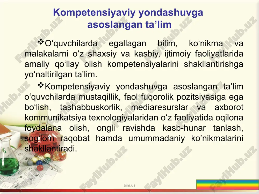 tarozida tortib olaman ish uchun zarur jihoz va moddalar tanlayman suvni o’lchov probirkasida o’lchab olaman o’qituvchimdan ko’rsatma olaman tuzni kolbaga solib suv quyaman matematik hisob orqali zarur tuz va suvni topaman tuz va suvni yahshilab aralashtiraman etiketka yopishtiraman jami aim.uz men osh tuzi eritmasini tayyorlayman. ish tartibi to’g’ri javob xatolik eritma tayyorlash ketma-ketligi 4 tuzni elektron tarozida tortib olaman 2 ish uchun zarur jihoz va moddalar tanlayman 5 suvni o’lchov probirkasida o’lchab olaman 1 o’qituvchimdan ko’rsatma olaman 6 tuzni kolbaga solib suv quyaman 3 matematik hisob orqali zarur tuz va suvni topaman 7 tuz va suvni yahshilab aralashtiraman 8 etiketka yopishtiraman jami aim.uz eritmalar konsentratsiyasi massa ulush foiz konsentratsiya molyar konsentratsiya normal konsentratsiya aim.uz eritmalar konsentratsiyasi ω=m1/m2 massa ulush foiz konsentratsiya molyar konsentratsiya normal konsentratsiya cn=mx1000/exv cm=mx1000/mxv ω%=m1/m2x100 aim.uz aim.uz 12 eritma konsentratsiyalari konsentratsiyadan eritma massasini topish 1 2 3 4 masalani to‘g‘ri yechsangiz bo‘sh kataklar o‘rniga so‘z paydo bo‘ladi. …
