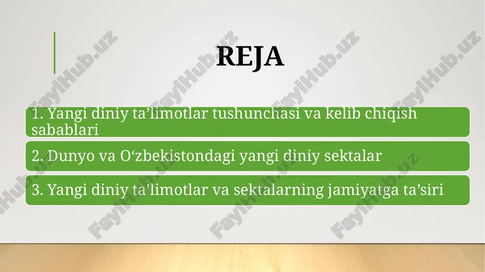 qiladi. dunyo miqyosidagi mashhur sektalar: ➤ scientology (seyntologiya): – 1950-yillarda l. ron hubbard tomonidan asos solingan. – inson ruhining kuchi va "engillashuvi"ga asoslanadi. – yulduzlar orasida ommalashgan, lekin ko‘plab mamlakatlarda tanqidga uchraydi. ➤ moonchilar (unification church): – koreyalik sun myung moon tomonidan 1954-yilda asos solingan. – jamoaviy nikoh marosimlari bilan mashhur. – o‘z rahbarini najotkor deb e’tirof etadi. ➤ bahoiylik: – 19-asrda eron hududida paydo bo‘lgan. – barcha dinlarning yagona ildizga ega ekanini da’vo qiladi. – tinchlik, yagona insoniyat, umuminsoniy qadriyatlarni targ‘ib qiladi. ➤ krishnachilik (hare krishna): – g‘arbda ommalashgan hinduizmga asoslangan oqim. – yaratgan bilan muhabbat orqali aloqa o‘rnatish g‘oyasini ilgari suradi. o‘zbekistonda davlat diniy ekstremizm va radikalizmga qarshi qat’iy siyosat yuritmoqda. ayrim guruhlar esa diniy ta’limot ortida turib, g‘arazli maqsadlarni amalga oshirishga urinadi: ➤ "hizb ut-tahrir": – islomiy xalifalik tuzishni maqsad qilgan, siyosiy harakat. – o‘zbekistonda faoliyati noqonuniy deb topilgan. ➤ "tabligh jamaat": – dastlab diniy targ‘ibot sifatida …