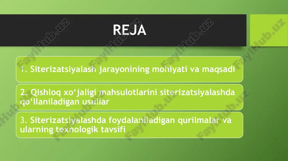 (100°c va undan yuqori) amalga oshiriladi. bu jarayon ko‘proq konservalash mahsulotlarini tayyorlashda, masalan, qishloq xo‘jaligi mahsulotlarini konserva qilishda ishlatiladi. sterilizatsiya: bu jarayon pasterizatsiyaga nisbatan yanada yuqori haroratda amalga oshiriladi (125-150°c). sterilizatsiya jarayonida barcha mikroorganizmlar, shu jumladan sporalar ham yo‘q qilinadi. bu usul odatda uzoq vaqt davomida saqlanishi kerak bo‘lgan mahsulotlar uchun qo‘llaniladi, masalan, konserva mahsulotlari va idishlarda saqlanadigan mahsulotlar. siterizatsiya jarayonida turli issiqlik bilan ishlov berish usullari qo‘llaniladi, har biri o‘ziga xos xususiyatlarga ega. ushbu usullar mahsulot turiga, ularning saqlash muddatiga va sifatini saqlashga ta'sir ko‘rsatadi. quyida qishloq xo‘jaligi mahsulotlarini siterizatsiyalashda keng qo‘llaniladigan asosiy usullar keltirilgan: issiq suvli va bug‘li siterizatsiya bu usulda mahsulot issiq suv yoki bug‘ bilan to‘g‘ridan-to‘g‘ri aloqaga kirishadi. har ikki usulda ham yuqori haroratda ishlov berish orqali mikroorganizmlar o‘ldiriladi va mahsulotning saqlanish muddati uzaytiriladi. issiq suvli siterizatsiya: mahsulotlarni 85-95°c haroratda issiq suvga solish orqali amalga oshiriladi. bu jarayon odatda sabzavotlar va mevalarni konserva qilishda ishlatiladi. issiq …