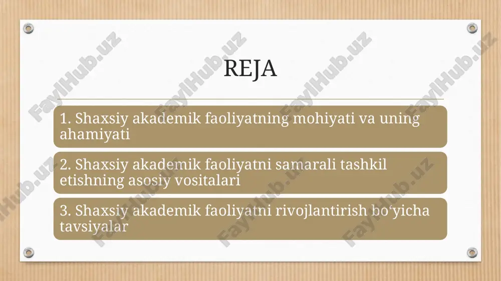 rganish: shaxsiy akademik faoliyat, o‘quvchilarga mustaqil ravishda o‘rganish, o‘z bilimlarini baholash va qayta ishlash imkonini beradi. bu, o‘z-o‘zini o‘rganish va rivojlantirishning asosiy qismidir. ilmiy tadqiqotlar: shaxsiy akademik faoliyat talabani ilmiy tadqiqotlar olib borishga, yangi nazariyalar va amaliyotlarni yaratishga undaydi. bu, talabalar uchun nafaqat ta’lim olishning bir qismi, balki ilmiy karyeraning boshlanishi bo‘lishi mumkin. kasbiy tayyorgarlik: akademik faoliyatni muvaffaqiyatli amalga oshirish orqali talaba kasbiy faoliyatga tayyorlanadi. u o‘zining ta’lim olgan sohasida muammolarni hal qilish, ilmiy ishlanmalar yaratish va o‘z g‘oyalarini amaliyotga tadbiq etish qobiliyatini rivojlantiradi. akademik faoliyatni muvaffaqiyatli tashkil etishning asosiy vositasi - bu aniq maqsadlarni belgilash va ularni amalga oshirish uchun reja tuzishdir. har bir talaba o‘zining akademik faoliyatini rejalashtirishi kerak, chunki bu, o‘z vaqtini samarali boshqarishga, ilmiy izlanishlar va o‘qishdagi muammolarni hal qilishga yordam beradi. maqsadni belgilash: har bir talaba o‘zining akademik faoliyatiga oid maqsadlarni aniq belgilab olish kerak. masalan, o‘qishdagi muvaffaqiyatga erishish, ilmiy izlanishlar olib borish, ilmiy maqolalar …