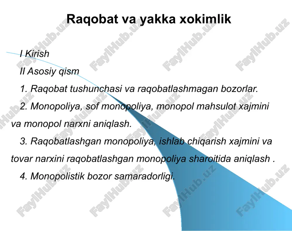 an xaridorlarning xukmronligi oʻrnatiladi. sof monopoliya - bu bitta sotuvchi va koʻp xaridorlar qatnashgan bozor, yoki oʻrnini bosadigan tovar boʻlmagan tovarni sotadigan yagona sotuvchi boʻlgan bozor vaziyati, yoki tarmoqda yagona hukmron firma boʻlib, firmaning ishlab chiqarish va sotish chegarasi tarmoq chegarasiga teng boʻlgan bozor. sof monopoliya va raqobatlashgan bozor bir-biriga teskari bozorlar hisoblanadi. oligopoliya - bu bozor tizimida biror bir tovarni sotishda cheklangan firmalar hukmronlik qiladi. monopol raqobat bozori toʻliq raqobatlashmagan boʻlib, unda qatnashadigan firmalar soni koʻp boʻlib, ularning har biri oʻz tovarlari narxini ma'lum chegarada nazorat qiladi, ya'ni ular kichik boʻlsa ham monopol hokimiyatga ega. monopol hokimiyat. firma monopol hokimiyatga ega boʻladi, qachonki u oʻzining sotadigan tovari narxiga ta'sir qilaolsa, ya'ni oʻzgartiraolsa. monopol hokimiyat darajasi ushbu tovar oʻrnini bosuvchi tovarning mavjudligi va tovarning bozordagi ulushi bilan belgilanadi. monopol hokimiyatga ega boʻlish uchun firmaning sof monopolist boʻlishi shart emas. firma mahsulotiga boʻlgan talab chizigʻi raqobatlashgan bozordagiday garizontal boʻlmasdan, pastga yotiq …