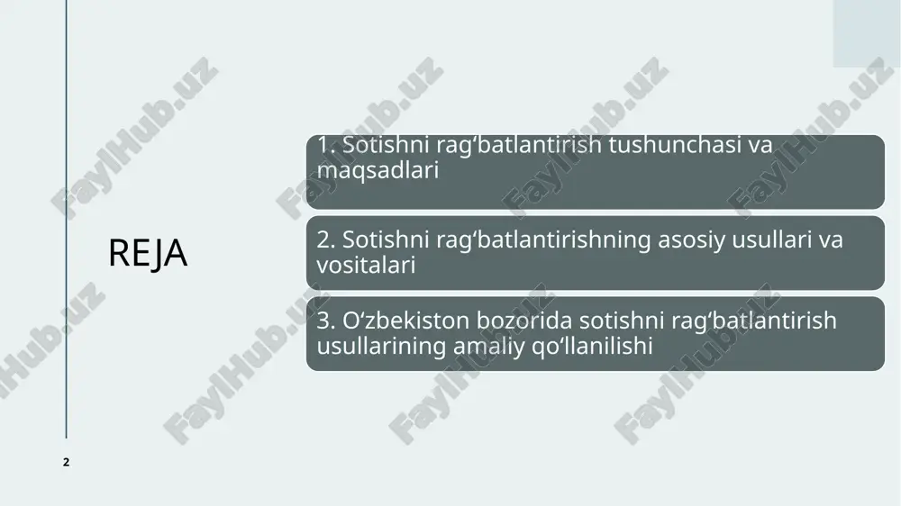 . 7 bu vositalar to‘g‘ridan-to‘g‘ri iste’molchiga qaratilgan bo‘lib, ularning xarid qilish istagini kuchaytiradi: chegirmalar (discounts): eng keng tarqalgan usul. muayyan foizda narxni pasaytirish orqali mijozni jalb qiladi. kuponlar: mahsulot yoki xizmatga nisbatan chegirmadan foydalanish imkonini beruvchi maxsus kod yoki qog‘oz. ko‘pincha onlayn savdoda qo‘llaniladi. bonus tizimlari va sodiqlik kartalari: doimiy xaridorlarga ball to‘plash va ularni keyingi xaridlar uchun ishlatish imkoniyati beriladi. sovg‘a bilan savdo (gift with purchase): mahsulot xaridi bilan birga kichik sovg‘a berish orqali xaridni rag‘batlantirish. bepul namunalar (free samples): yangi mahsulotlar uchun iste’molchini qiziqtiruvchi sinov shakllari. odatda oziq-ovqat, parfyumeriya va kosmetika sohasida keng tarqalgan. lotereyalar va tanlovlar: xarid qilgan mijozlar o‘rtasida o‘tkaziladigan sovrinli o‘yinlar mijozlarning ishtirokini oshiradi. 8 savdo xodimlari va dilerlar uchun rag‘batlantirish vositalari bu usullar savdo tarmog‘i vakillarining faoliyatini kuchaytirishga xizmat qiladi: bonuslar va qo‘shimcha mukofotlar: sotuv rejasidan ortiq natijaga erishgan savdo vakillariga qo‘shimcha pul yoki sovg‘a taqdim etish. motivatsion tanlovlar: “eng yaxshi sotuvchi” kabi nominatsiyalar …