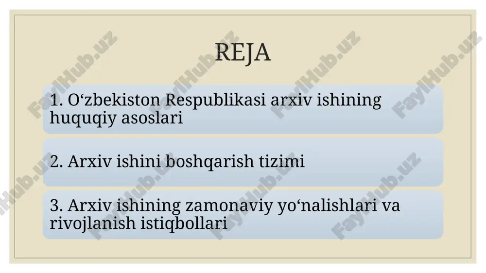 kazdan hududlarga) va gorizontal (idoralararo) boshqaruv tamoyillariga asoslanadi. o‘zbekiston respublikasi milliy arxiv boshqarmasi va uning vakolatlari milliy arxiv boshqarmasi — o‘zbekiston respublikasi vazirlar mahkamasiga bo‘ysunuvchi markaziy arxiv organidir. u quyidagi vazifalarni bajaradi: arxiv siyosatini ishlab chiqadi va amalga oshiradi; davlat arxiv fondining saqlanishini ta’minlaydi; hududiy va idoraviy arxivlar faoliyatini muvofiqlashtiradi; arxiv sohasidagi xalqaro hamkorlikni rivojlantiradi; yangi texnologiyalarni, xususan, raqamlashtirish jarayonlarini joriy etadi; arxiv xodimlari uchun malaka oshirish va o‘quv dasturlarini tashkil qiladi. milliy arxiv boshqarmasi arxiv ishi bo‘yicha yagona davlat siyosatini yurituvchi vakolatli organ hisoblanadi. hududiy va tarmoq arxivlari faoliyati milliy arxiv boshqarmasiga bo‘ysunuvchi viloyat, shahar va tuman arxivlari mavjud. ular quyidagi vazifalarni bajaradi: mahalliy muassasalar va tashkilotlardan arxiv hujjatlarini qabul qilish; hujjatlarning saqlanishi, ro‘yxatga olinishi va tartiblanishini ta’minlash; fuqarolar va tashkilotlarga arxiv ma’lumotlari asosida rasmiy javoblar taqdim etish; hududiy tarixga oid hujjatlarni saqlab, ilmiy-tadqiqot ishlariga yordam berish. idoraviy arxivlarishuningdek, yirik vazirlik va idoralarning o‘zlariga qarashli ham mavjud bo‘lib, ular …
