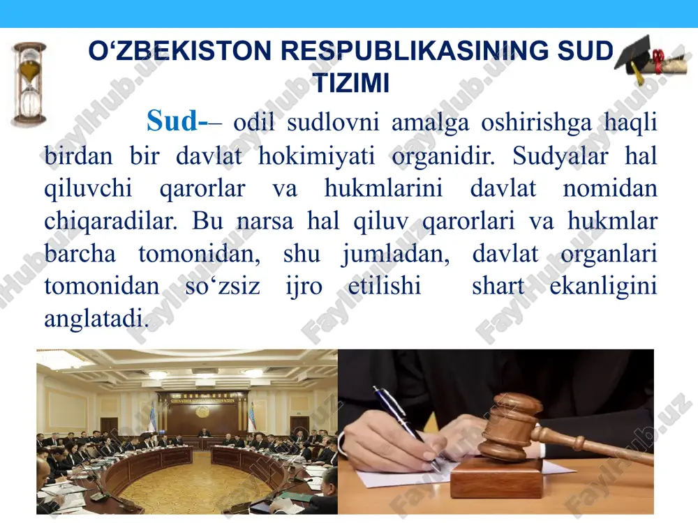 ha tumanlararo, tuman (shahar) sudlari jinoyat ishlari bo‘yicha tuman (shahar) sudlari sud tizimi tuzilmasi o‘zbekiston respublikasida sudlar ish kategoriyasiga ko‘ra ixtisoslashtirilishi mumkin. favqulodda sudlar tuzilishiga yo‘l qo‘yilmaydi. o‘zbekiston respublikasi konstitutsiyasi 107-moddasi. o‘zbekiston respublikasida sud ishlarini yuritish o‘zbek, qoraqalpoq tillarida yoki o‘sha hududdagi ko‘pchilik aholi so‘zlashadigan tilda olib boriladi. sud olib borilayotgan tilni bilmaydigan sud ishtirokchisi uchun tarjimon orqali sud materiallari bilan to‘liq tanishish, sud harakatlarida qatnashish va o‘z ona tilida so‘zga chiqish huquqi ta’minlanadi. o‘zbekiston respublikasi konstitutsiyasi 115-moddasi. 8 o‘zbekiston respublikasi konstitutsiyaviy sudi: o‘zbekiston respublikasi konstitutsiyaviy sudi qonun chiqaruvchi va ijro etuvchi hokimiyat hujjatlarining konstitutsiyaga muvofiqligi to‘g‘risidagi ishlarni ko‘rib chiqadi. o‘zbekiston respublikasi konstitutsiyaviy sudi o‘zbekiston respublikasi prezidentining taqdimiga binoan o‘zbekiston respublikasi oliy majlisining senati tomonidan o‘zbekiston respublikasi sudyalar oliy kengashi tavsiya etgan siyosat va huquq sohasidagi mutaxassislar orasidan, qoraqalpog‘iston respublikasining vakilini qo‘shgan holda saylanadi. o‘zbekiston respublikasi konstitutsiyasi 108-moddasi. 9 konstitutsiyaviy sudning hujjati rasmiy e’lon qilingan kundan e’tiboran kuchga kiradi. konstitutsiyaviy …