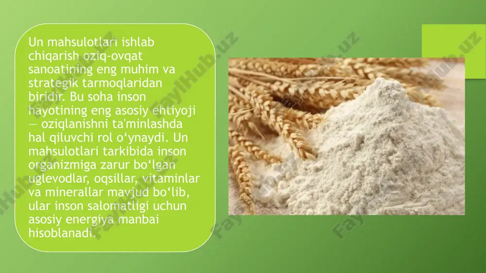a tayyor mahsulot sifati va foydalilik darajasini oshiradi. tayyor mahsulot ishlab chiqarish un turiga qarab mahsulotlar (non, makaron, pechenye) ishlab chiqarishning maxsus texnologiyasi bo‘yicha yoğuriladi, shakl beriladi, pishiriladi yoki quritiladi. qadoqlash va saqlash tayyor mahsulotlar sanitariya talablariga muvofiq tarzda qadoqlanadi va iste’molchilarga uzatilguncha maxsus omborlarda saqlanadi. texnologik bosqichlar: elash, aralashtirish, shakl berish, pishirish un mahsulotlarini ishlab chiqarish jarayoni bir nechta muhim texnologik bosqichlardan iborat. har bir bosqich mahsulot sifatiga bevosita ta’sir ko‘rsatadi va texnologik intizomga qat’iy rioya etilishini talab qiladi. quyida ushbu bosqichlar ketma-ketligi va ularning vazifalari bayon etiladi: elash elash bosqichi — tayyor unni zarrachalar o‘lchamiga qarab elakdan o‘tkazish jarayonidir. bunda quyidagi maqsadlar ko‘zlanadi: un tarkibidagi ortiqcha qattiq zarrachalarni ajratib olish; unni havoga to‘yintirish, ya’ni kislorod bilan boyitish; un ichida qolgan mog‘or, hasharotlar yoki boshqa aralashmalarni tozalash. bu bosqich mahsulot silliqligi, xamirning bir xilligi va pishirish jarayonidagi sifati uchun muhim asos bo‘lib xizmat qiladi. aralashtirish (yoğurish) aralashtirish bosqichi — …