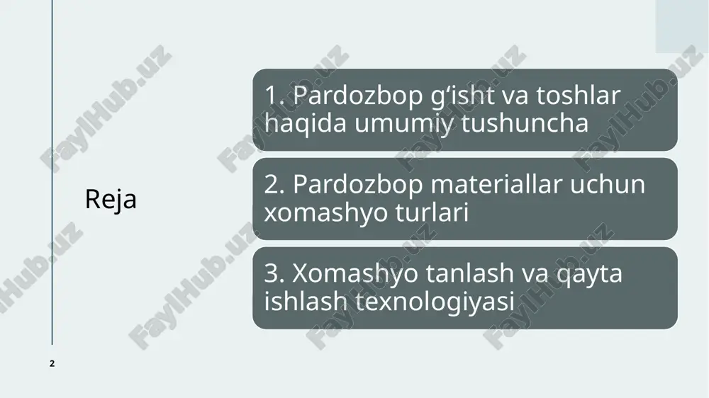ayyor bo‘ladi. ohaktosh – yumshoq va oson ishlov beriladigan, lekin mustahkamligi nisbatan past. ko‘p hollarda fasadlar uchun ishlatiladi. qumtosh – bezak uchun mos bo‘lib, suvni yaxshi shimadi. uni ishlatishda gidroizolyatsiyaga e’tibor beriladi. granit – juda mustahkam, chiroyli teksturaga ega. asosan tashqi pardoz ishlari uchun ishlatiladi. marmar – estetik ko‘rinishga ega bo‘lib, ichki bezaklarda keng qo‘llaniladi. dolomit – ohak va magniy karbonatdan iborat, bezak sifatida ishlatiladi. 8 sun’iy xomashyolar: sun’iy xomashyolar sanoatda tayyorlanadigan tarkibiy moddalardan iborat bo‘lib, ularning sifati va rangini nazorat qilish mumkin. keramika xomashyosi (glina/loy) – yuqori haroratda pishirilganda qattiq va silliq yuzaga ega bo‘ladi. kaolin – sof oq rangli gil turi bo‘lib, sifatli keramik mahsulotlar uchun asosiy xomashyo hisoblanadi. portland tsement – beton asosli pardoz bloklari va sun’iy toshlar tayyorlashda ishlatiladi. mineral pigmentlar – mahsulotlarga rang berish uchun ishlatiladi. kvars qumi – silliqlik va mustahkamlikni oshiradi. 9 xomashyo tanlashda quyidagi omillar e’tiborga olinadi: kimyoviy tarkibi – xomashyoning ohak, …